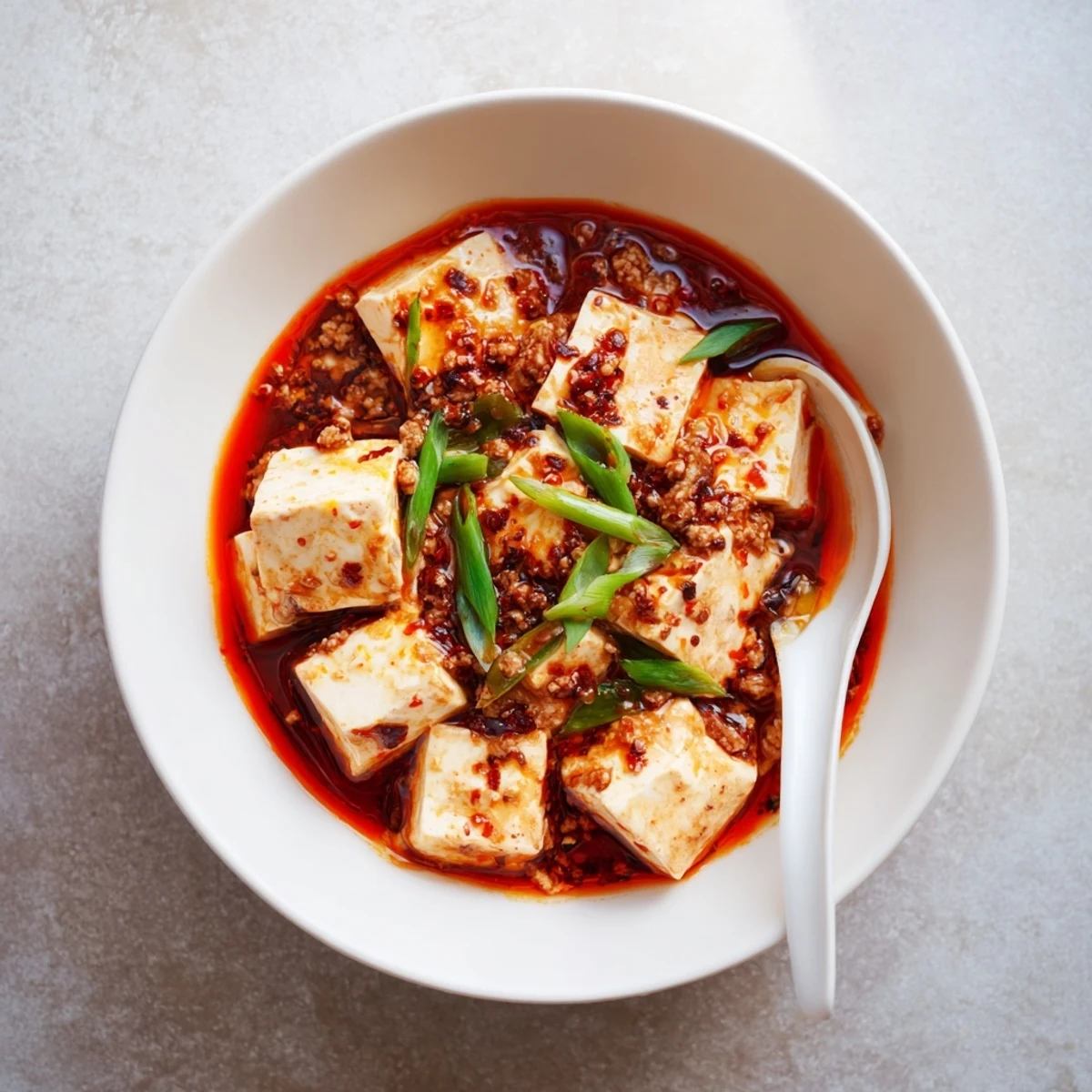 Golden Mapo Tofu featuring silky tofu cubes in spicy red Sichuan sauce with scallion garnish