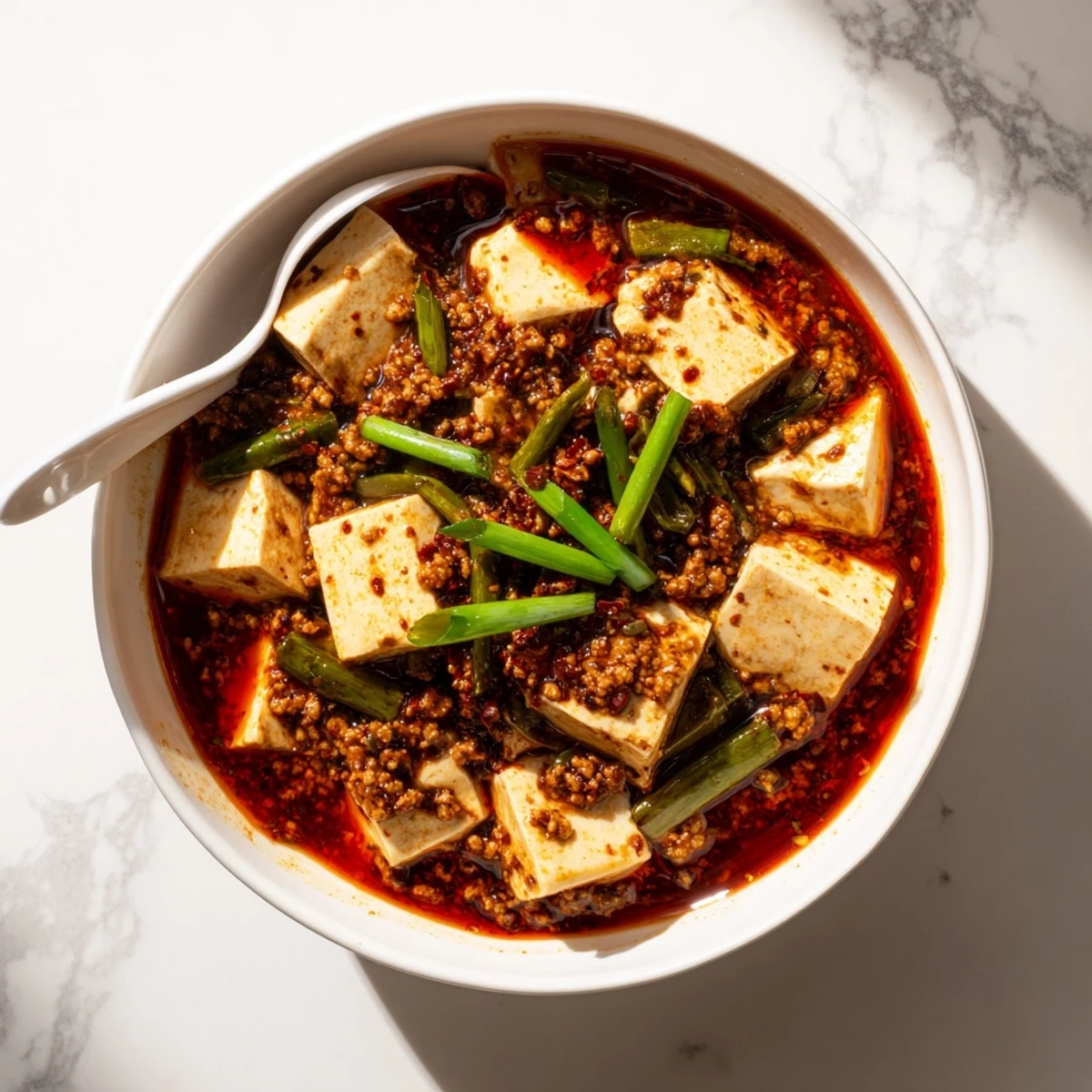 Homemade Mapo Tofu simmered with ground pork in aromatic chili bean sauce over white rice