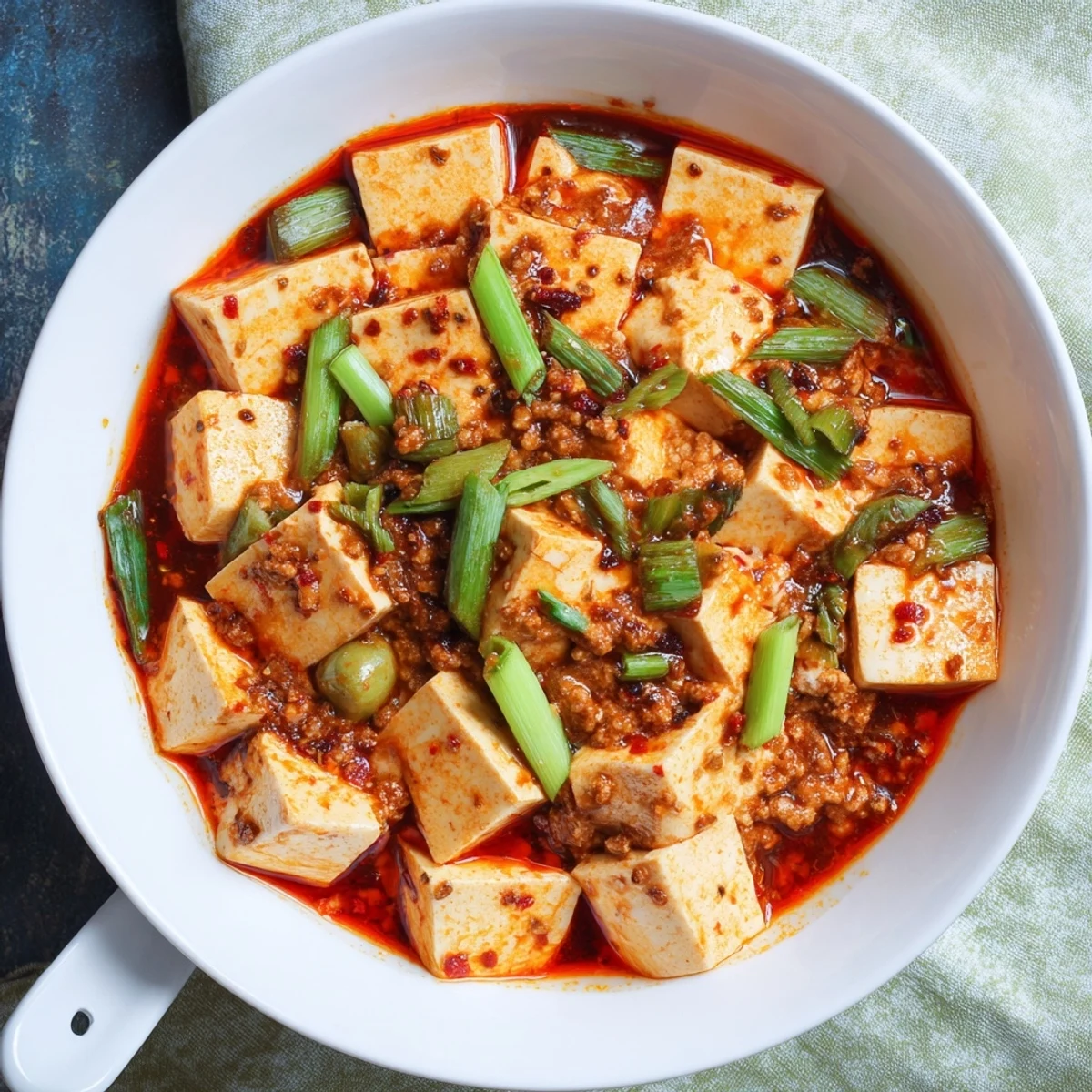 Steaming bowl of Mapo Tofu showcasing tender tofu and numbing Sichuan peppercorn sauce topped with fresh greens