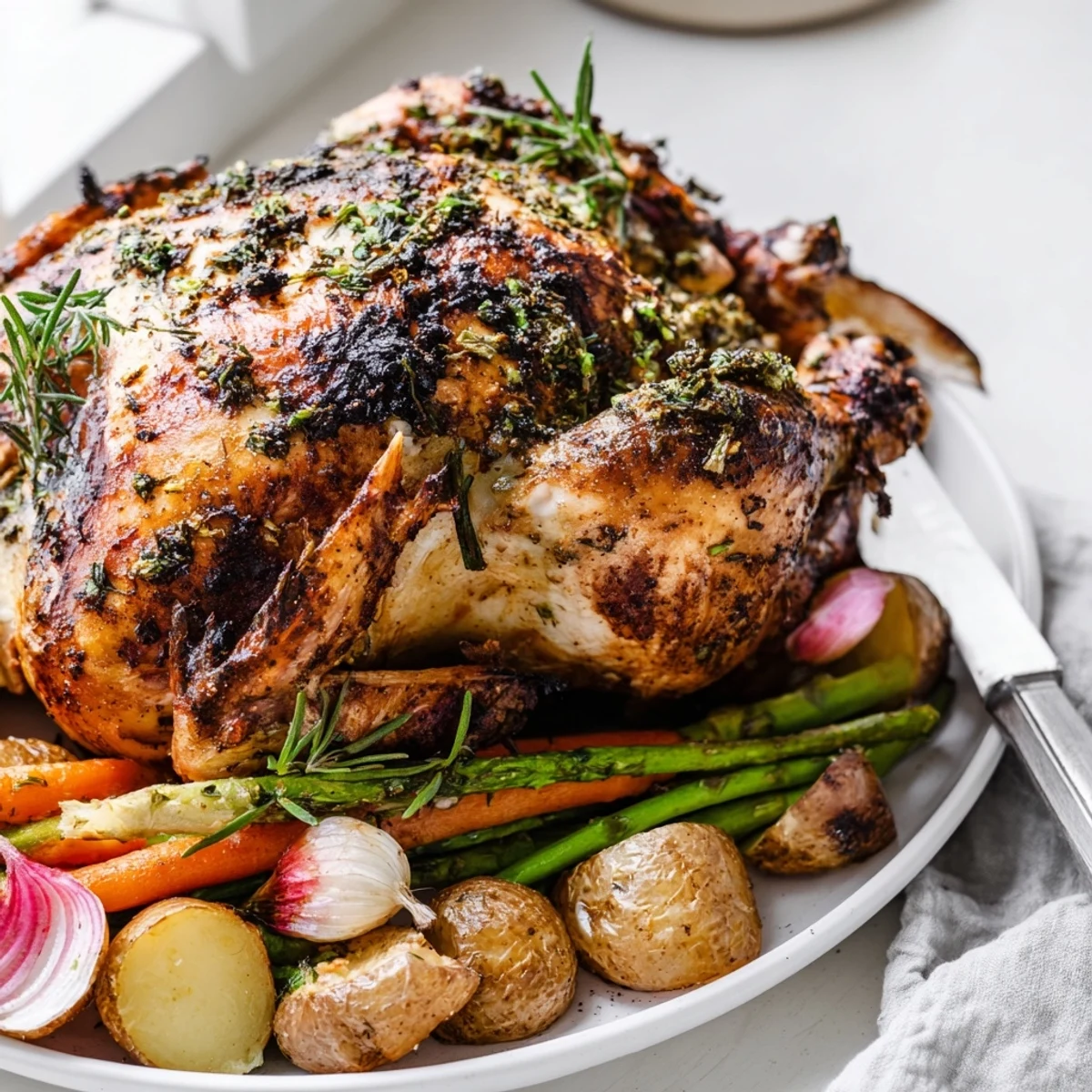 Golden herb roasted chicken with spring vegetables arranged on a rustic roasting pan