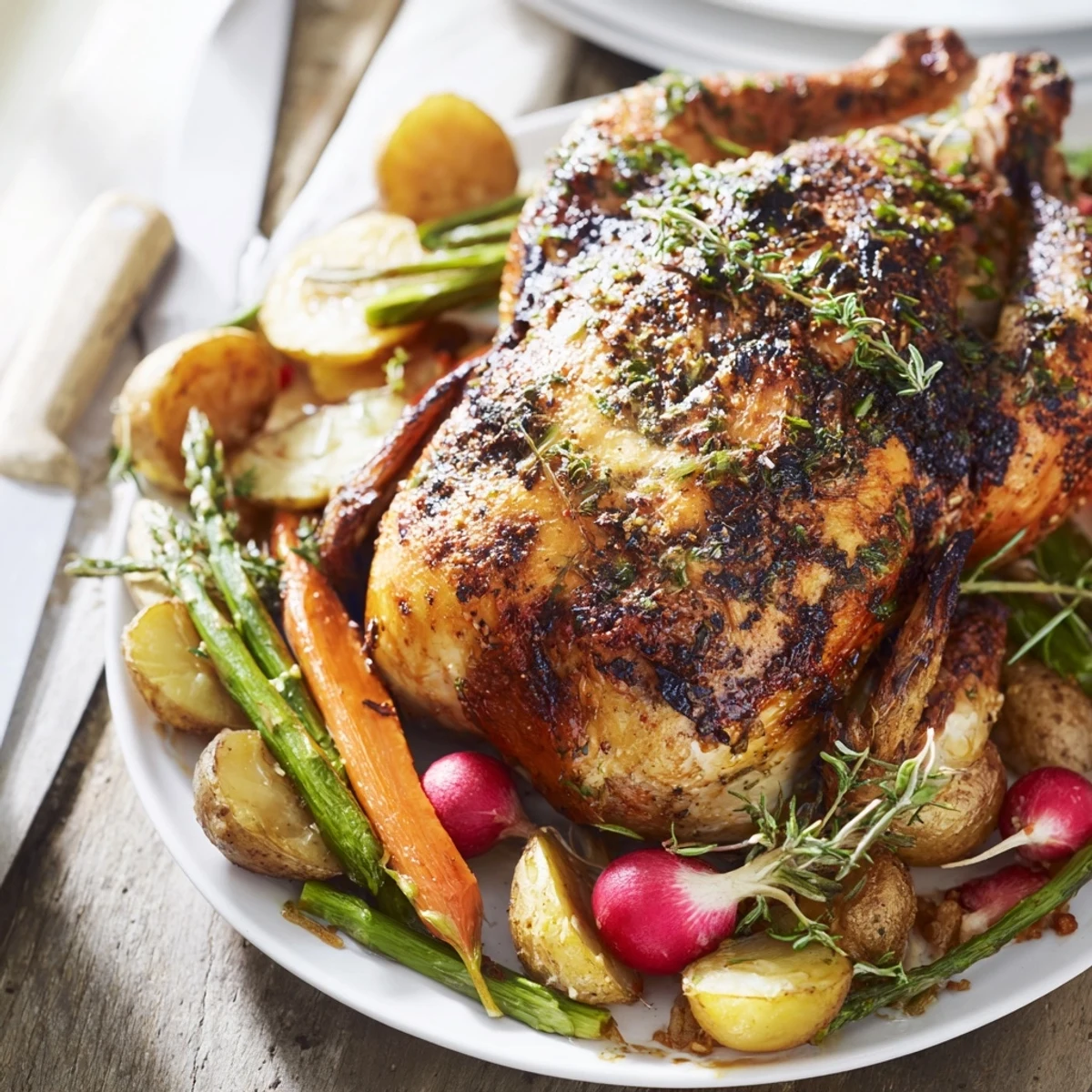 Juicy herb roasted chicken surrounded by colorful baby carrots potatoes and fresh asparagus