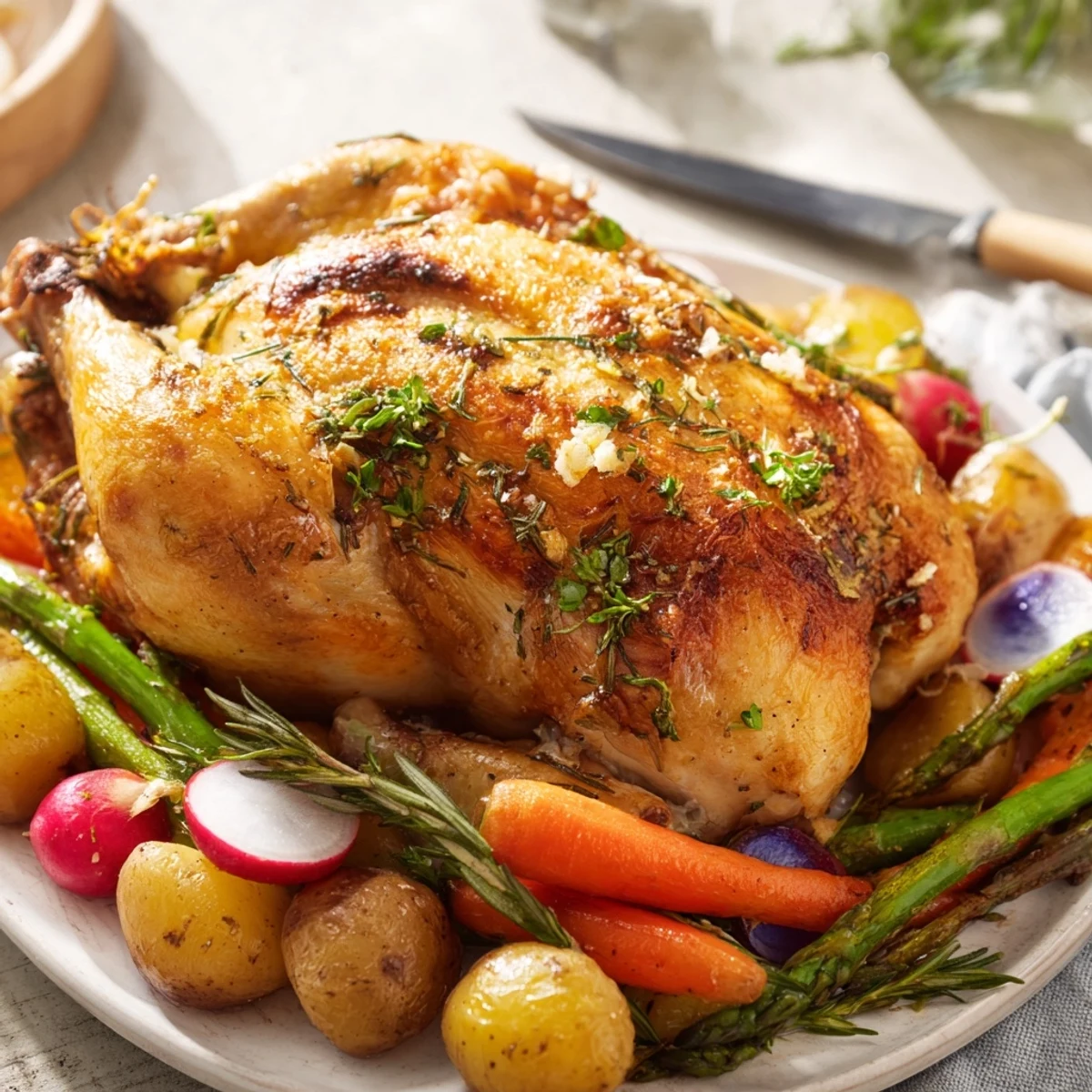 Whole herb roasted chicken served with tender roasted spring veggies on a white platter