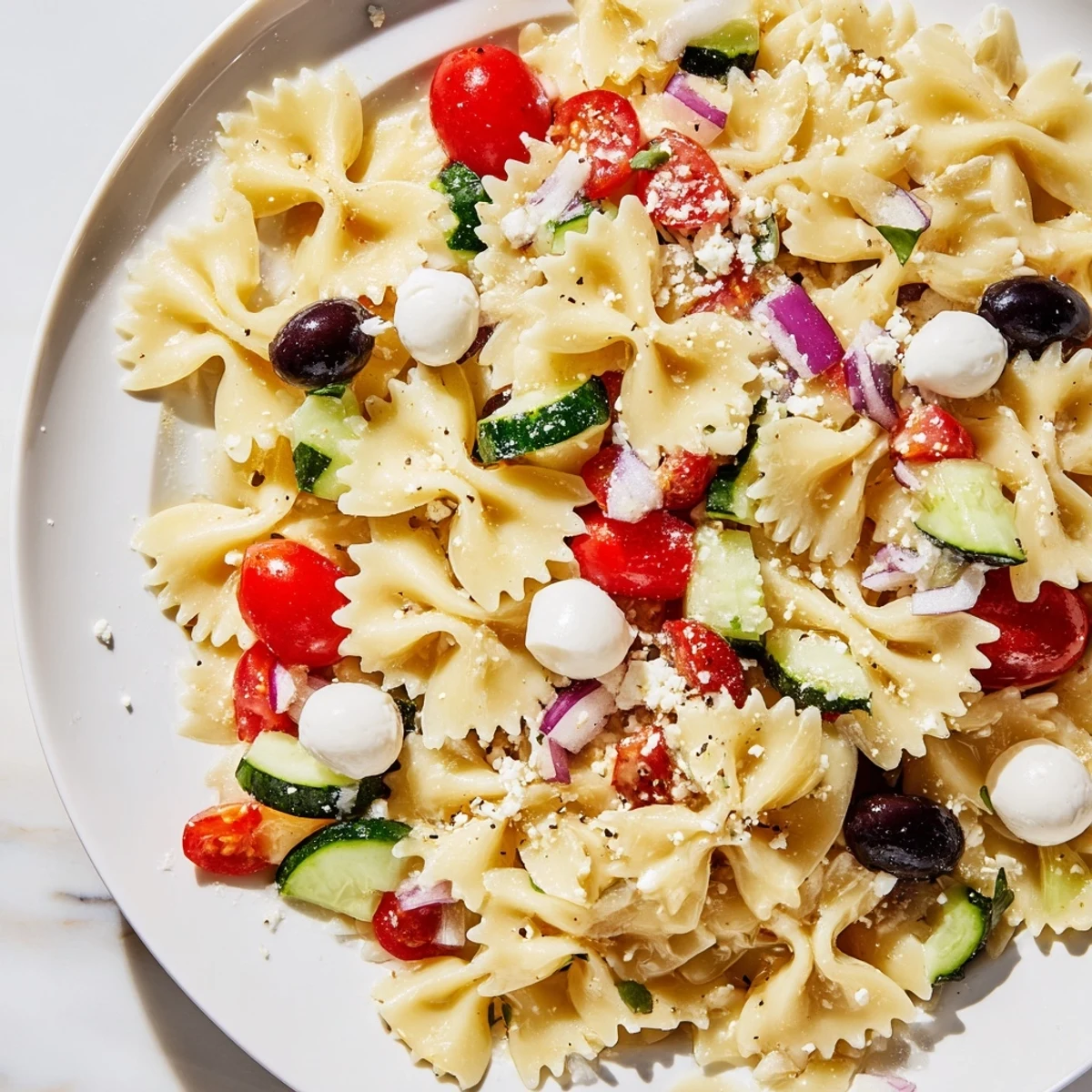 Vibrant farfalle pasta salad bowl featuring crisp red bell peppers, black olives, and parmesan garnished with torn basil