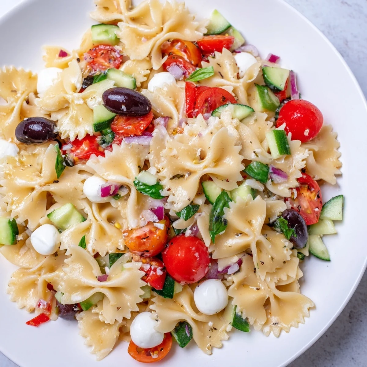 Colorful Italian bow tie pasta salad with cherry tomatoes, cucumber, and fresh mozzarella pearls tossed in zesty dressing