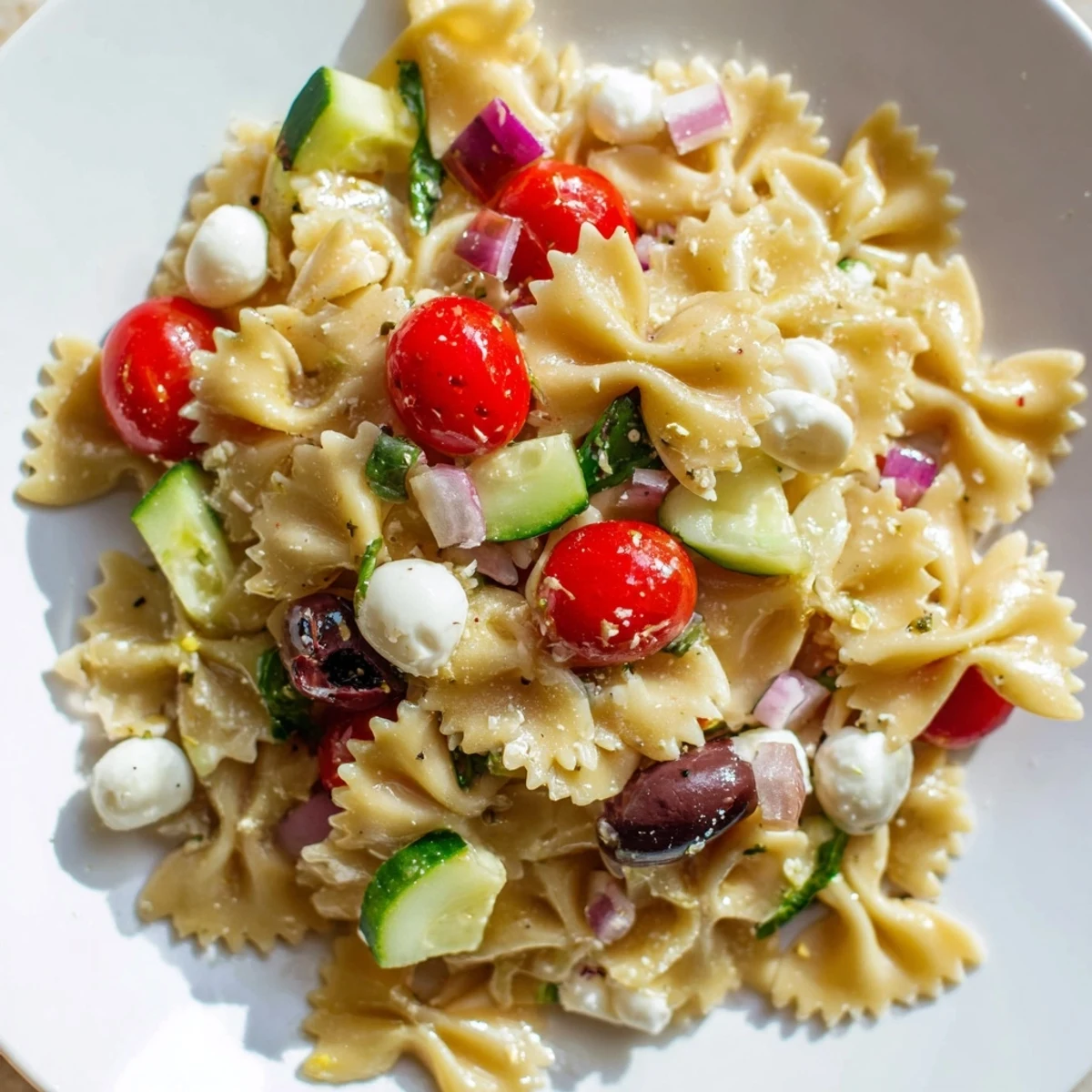 Hearty Italian bow tie pasta salad with diced vegetables and melted mozzarella pearls perfect for summer potlucks