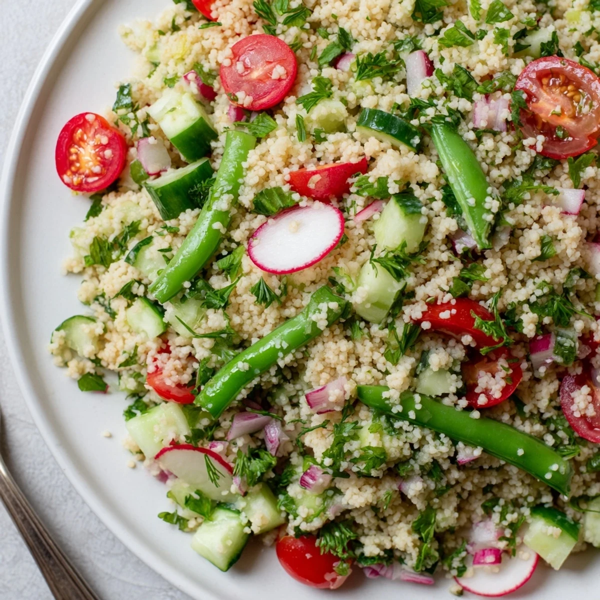 Colorful spring couscous salad piled high with crisp vegetables and fresh herbs in a white bowl