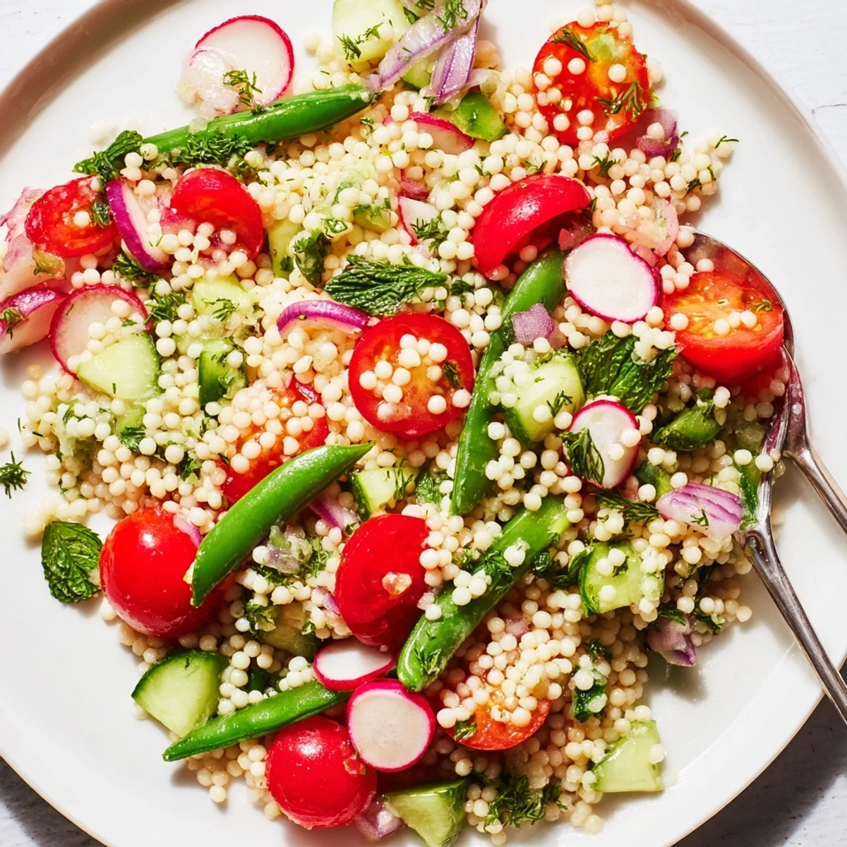 Close-up of Mediterranean spring couscous salad featuring cherry tomatoes, cucumber, radishes, and bright green parsley