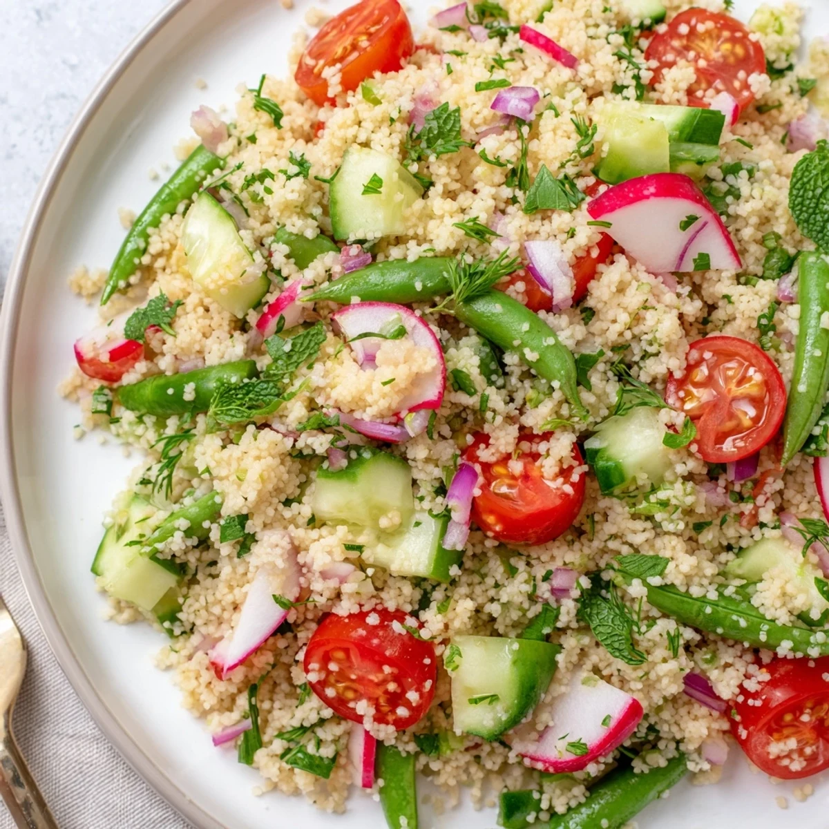 Fluffy couscous tossed with vibrant spring vegetables and zesty lemon dressing on a rustic wooden table