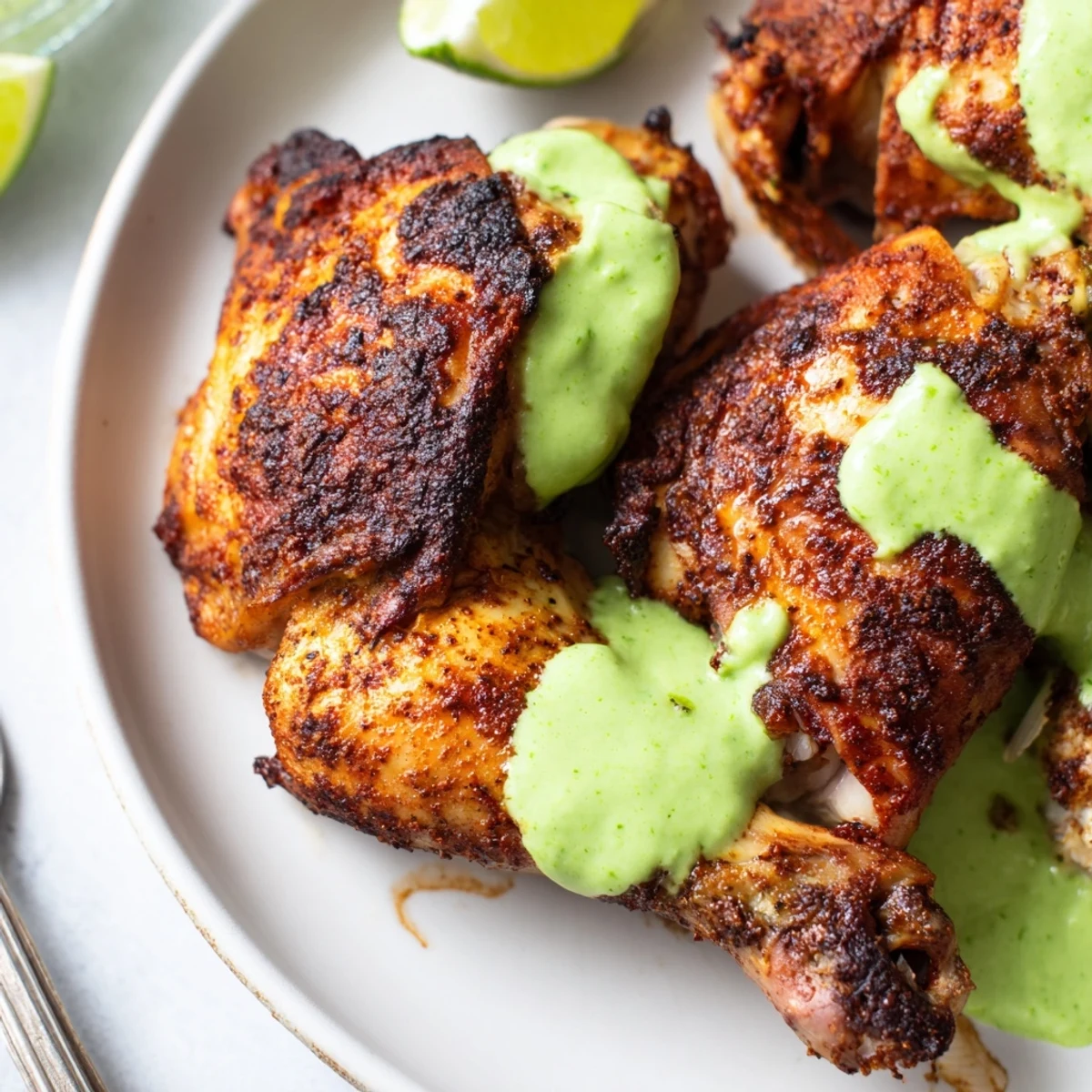 Golden brown Peruvian roast chicken with crispy skin served alongside vibrant green aji verde sauce