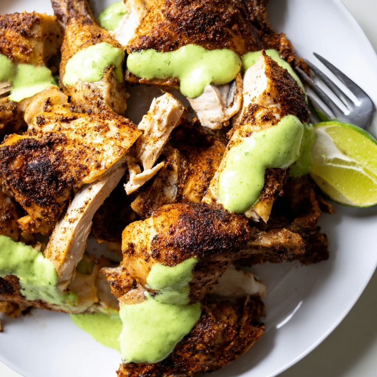 Succulent spice-marinated Peruvian roast chicken resting on a platter with drizzled creamy herb sauce