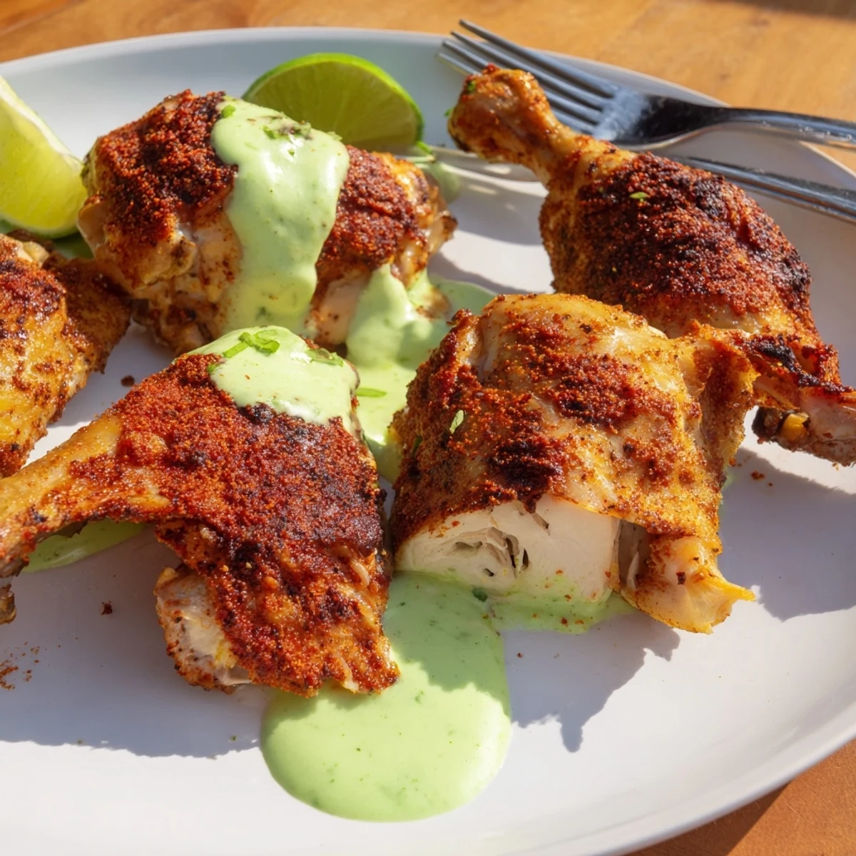 Carved Peruvian roast chicken pieces garnished with lime wedges and a bowl of tangy green sauce