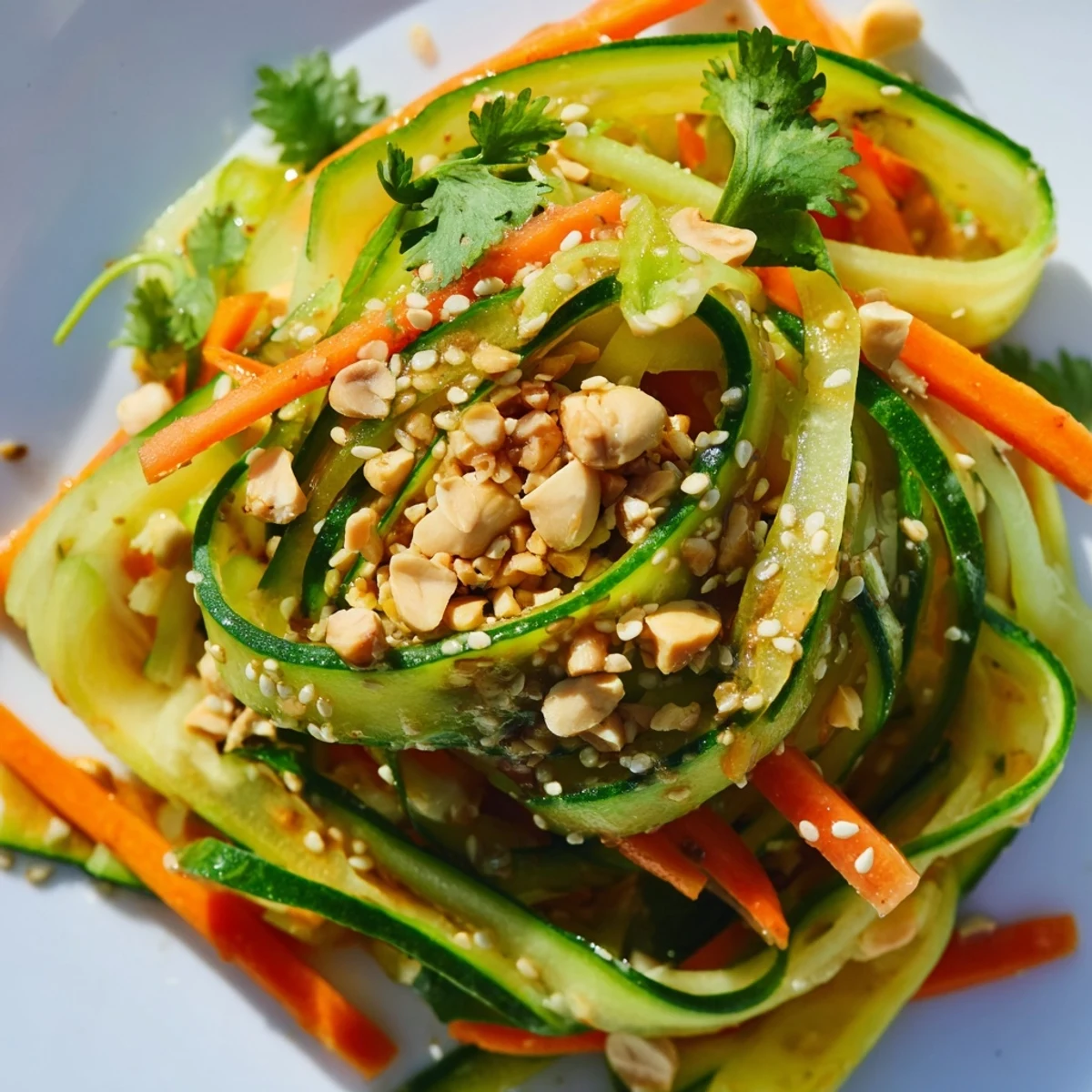 Fresh cucumber carrot salad with big crunch tossed in tangy sesame dressing and topped with roasted peanuts