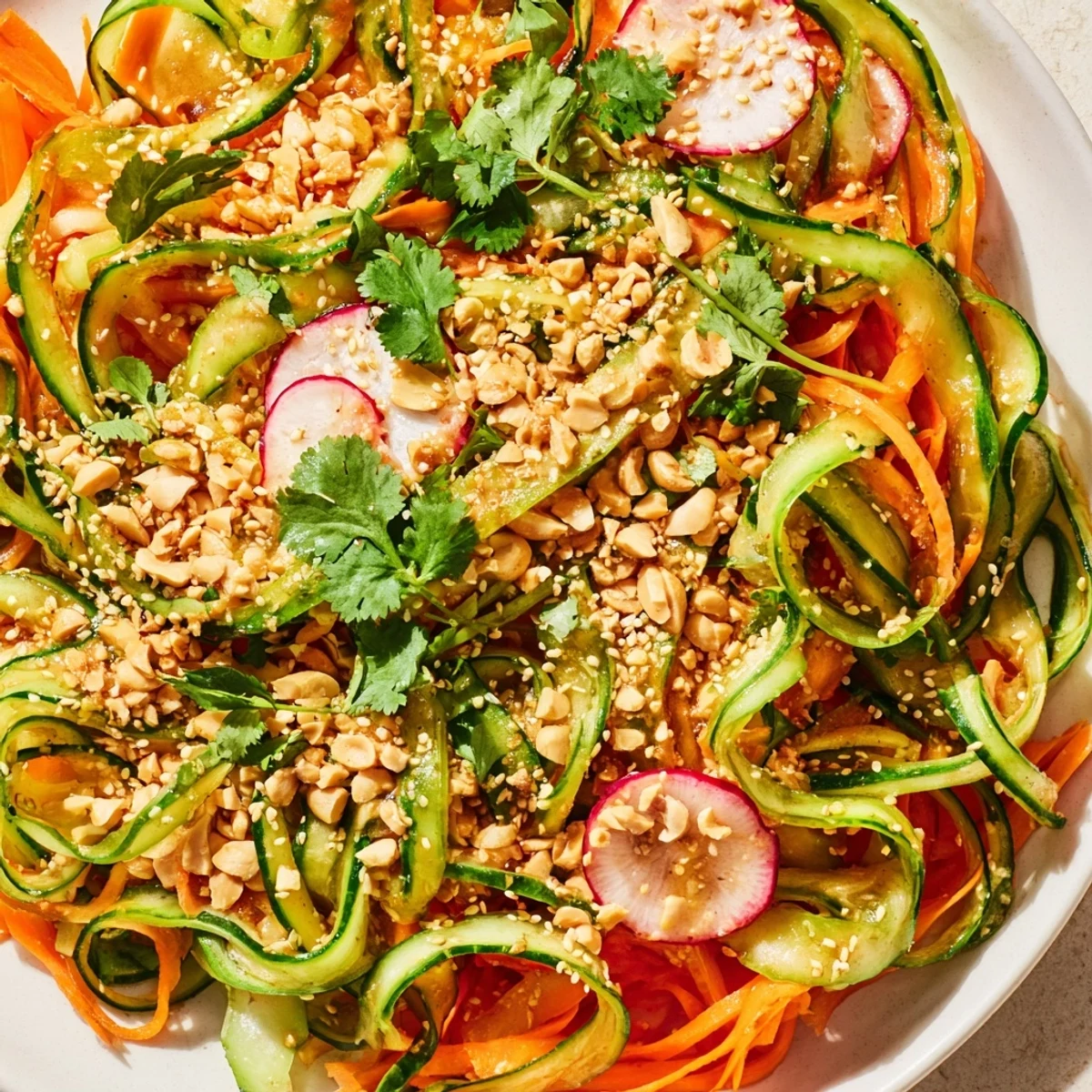 Vibrant cucumber carrot salad with big crunch featuring scallions radishes and a zesty honey garlic sesame vinaigrette