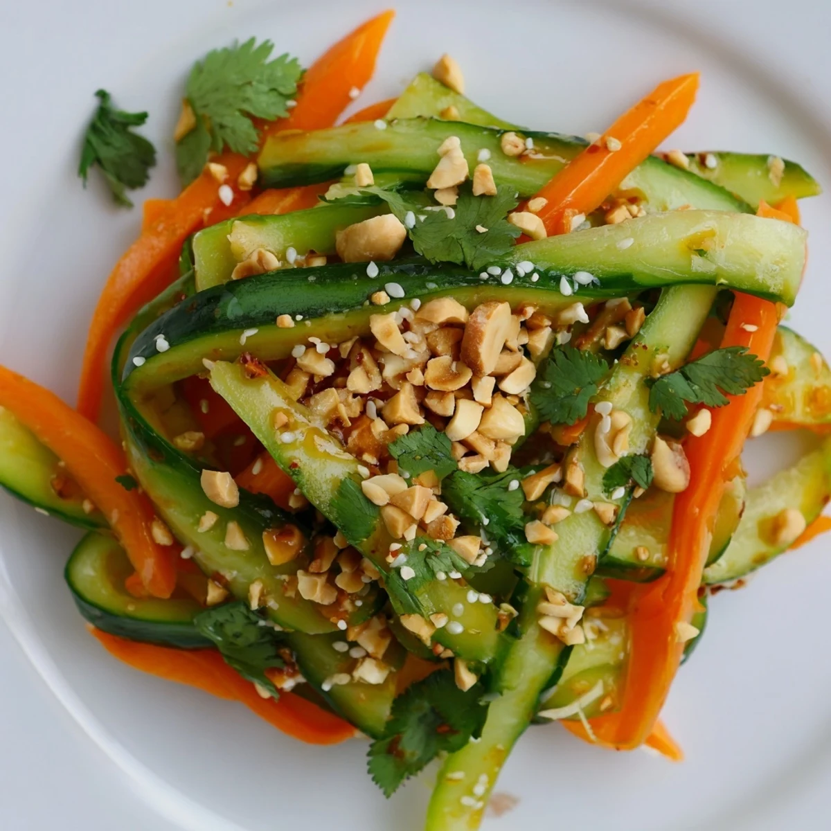 Colorful bowl of crisp julienned cucumbers and carrots coated in ginger sesame soy dressing with toasted sesame seeds
