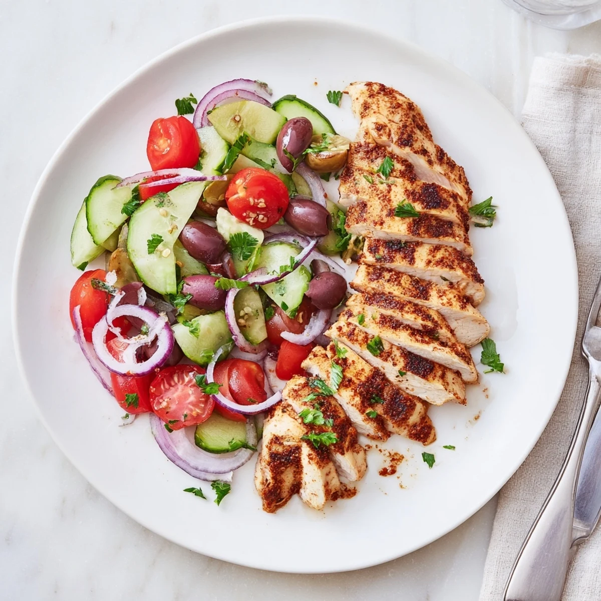 Golden grilled chicken breast with red spice rub served beside crisp cucumber tomato salad