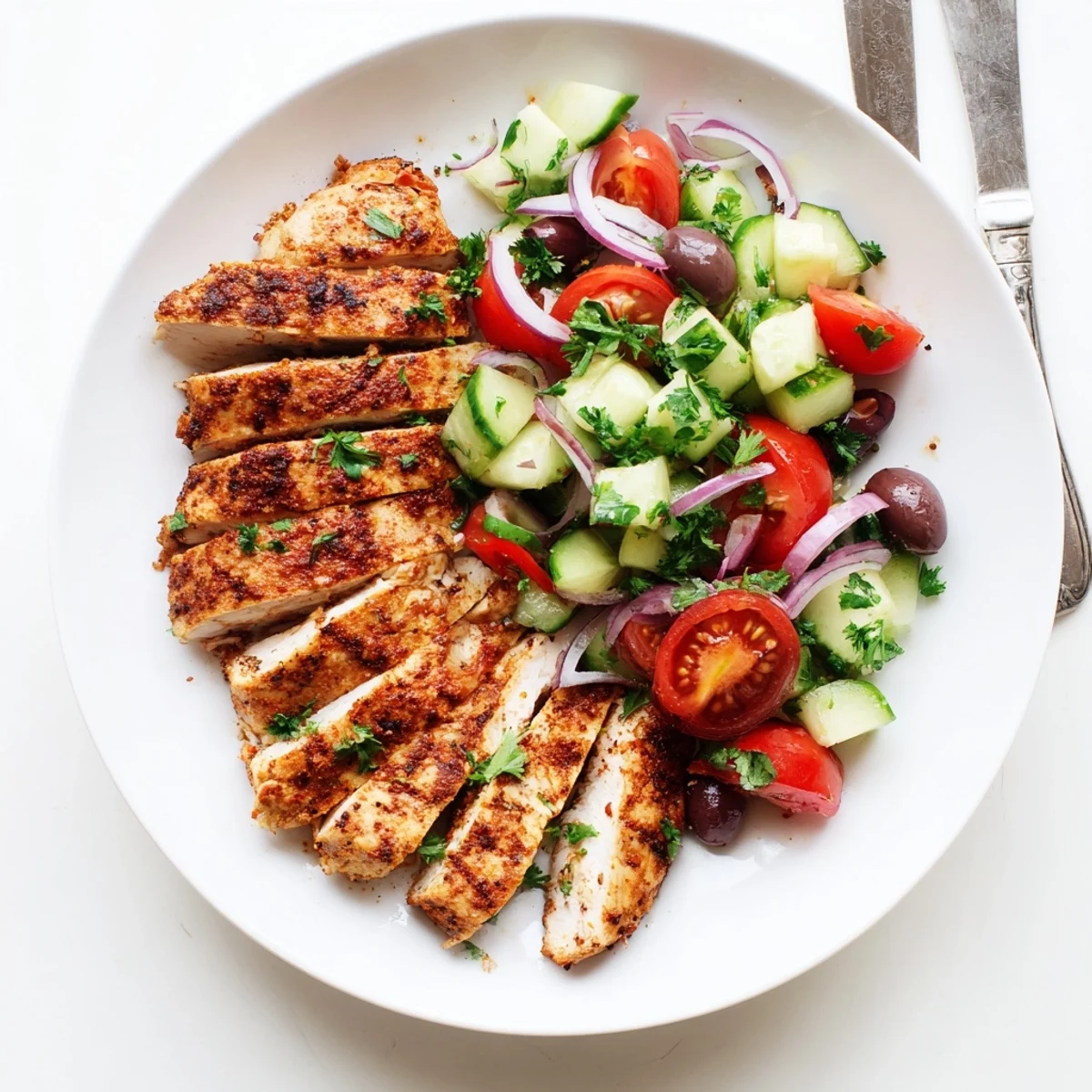 Spicy Mediterranean chicken slices plated over refreshing cucumber salad with red onion and olives