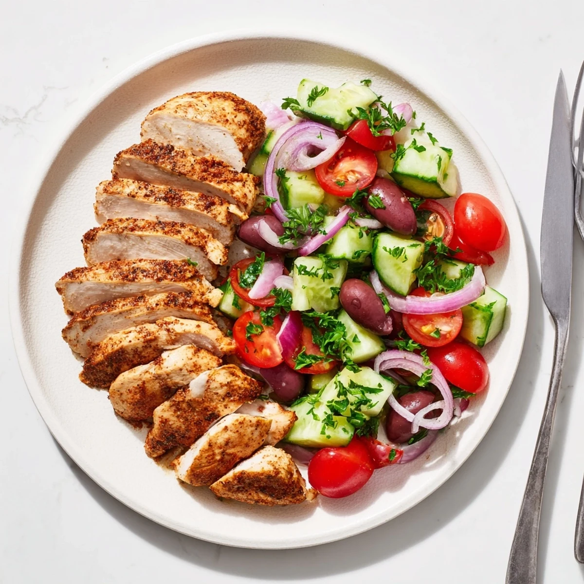 Fiery grilled chicken breast resting on bed of vibrant Mediterranean cucumber salad with parsley