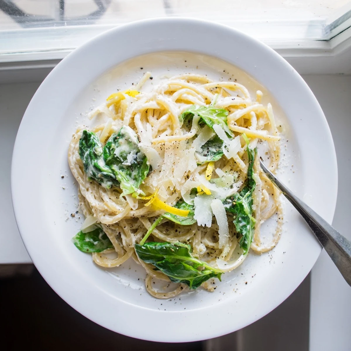Creamy lemon ricotta pasta tossed with fresh peppery arugula in a white serving bowl