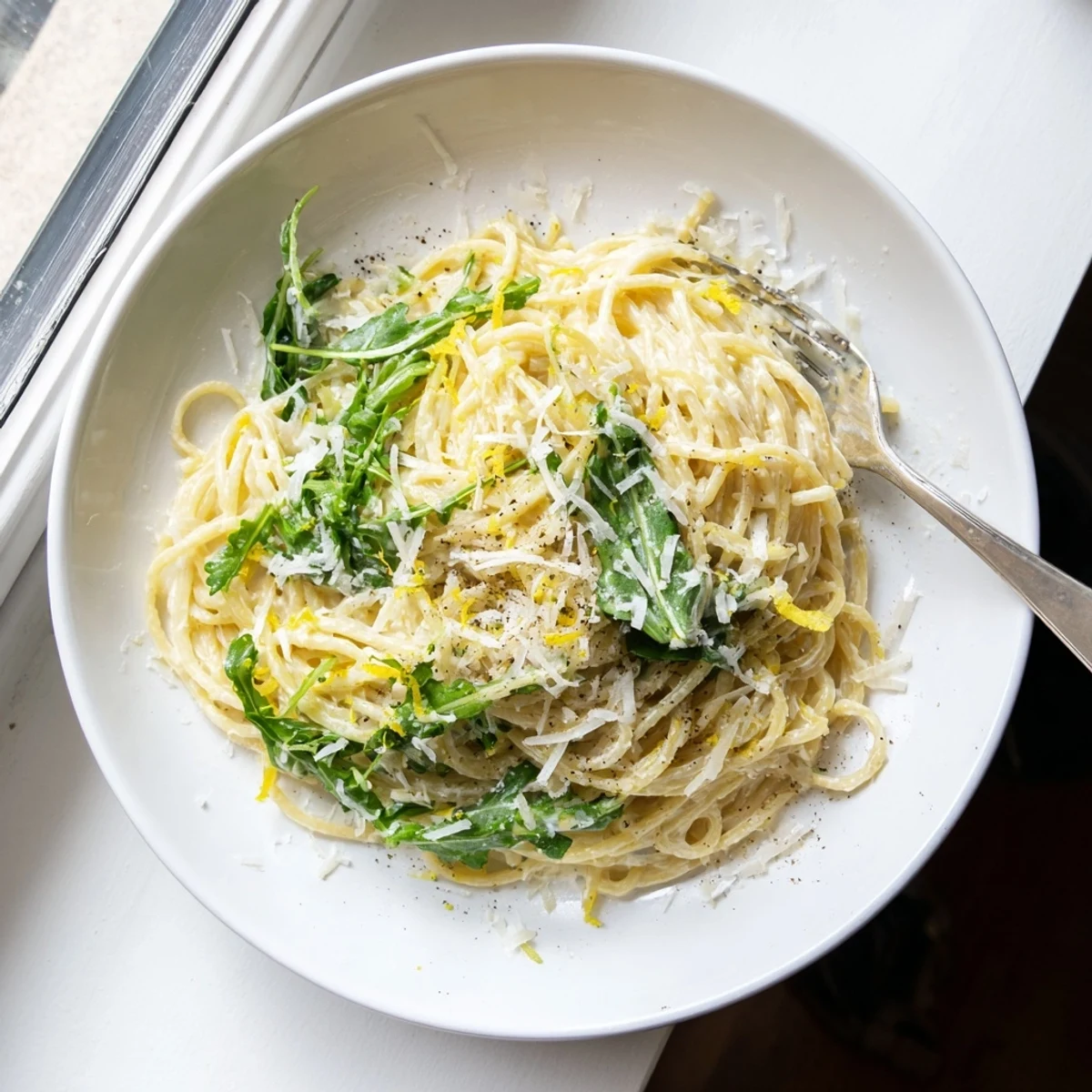 Twirled spaghetti coated in tangy lemon ricotta sauce topped with wilted green arugula