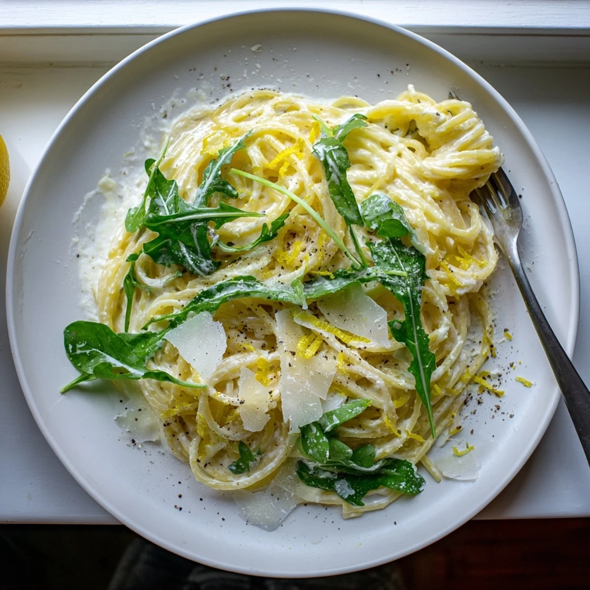 Bright lemon ricotta pasta dish featuring silky sauce and fresh arugula garnish on plate