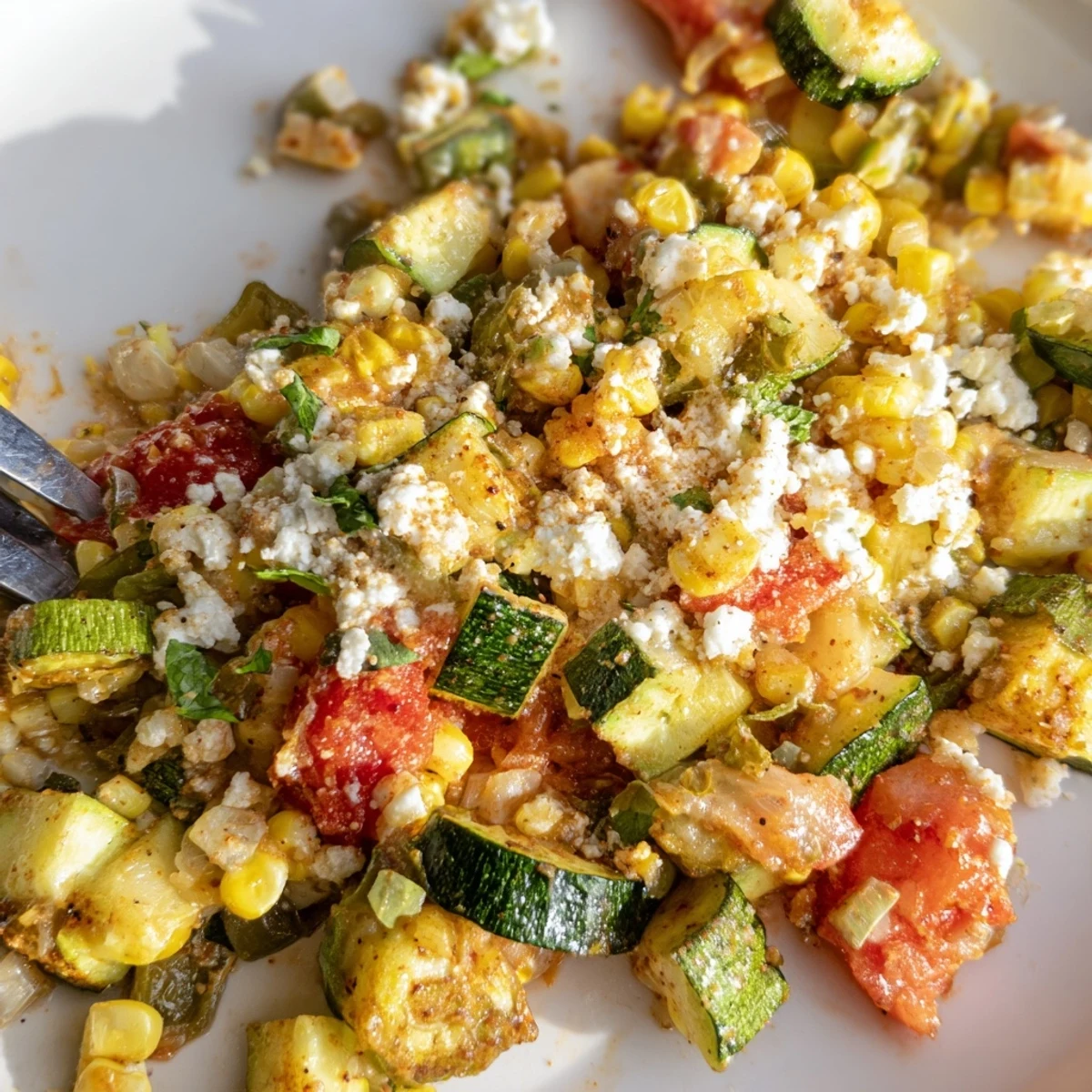 Colorful Calabacitas skillet featuring tender zucchini, sweet corn, and melted queso fresco garnished with fresh cilantro