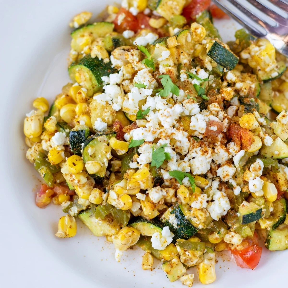 Savory Mexican Calabacitas with roasted poblano peppers, diced tomatoes, and golden corn kernels in a rustic serving dish