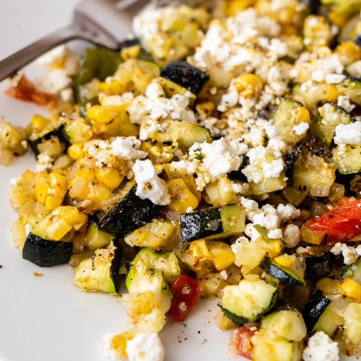 Homemade Calabacitas bubbling in a cast iron skillet topped with crumbled white cheese and bright green herbs