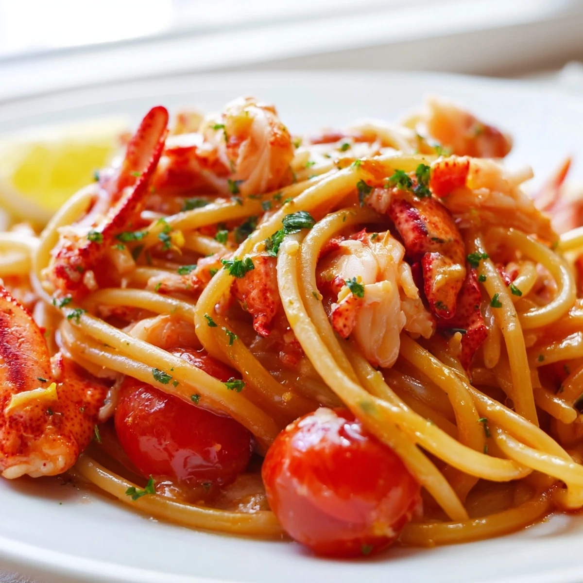 Thick bucatini noodles coated in rich tomato sauce with tender chunks of red lobster meat