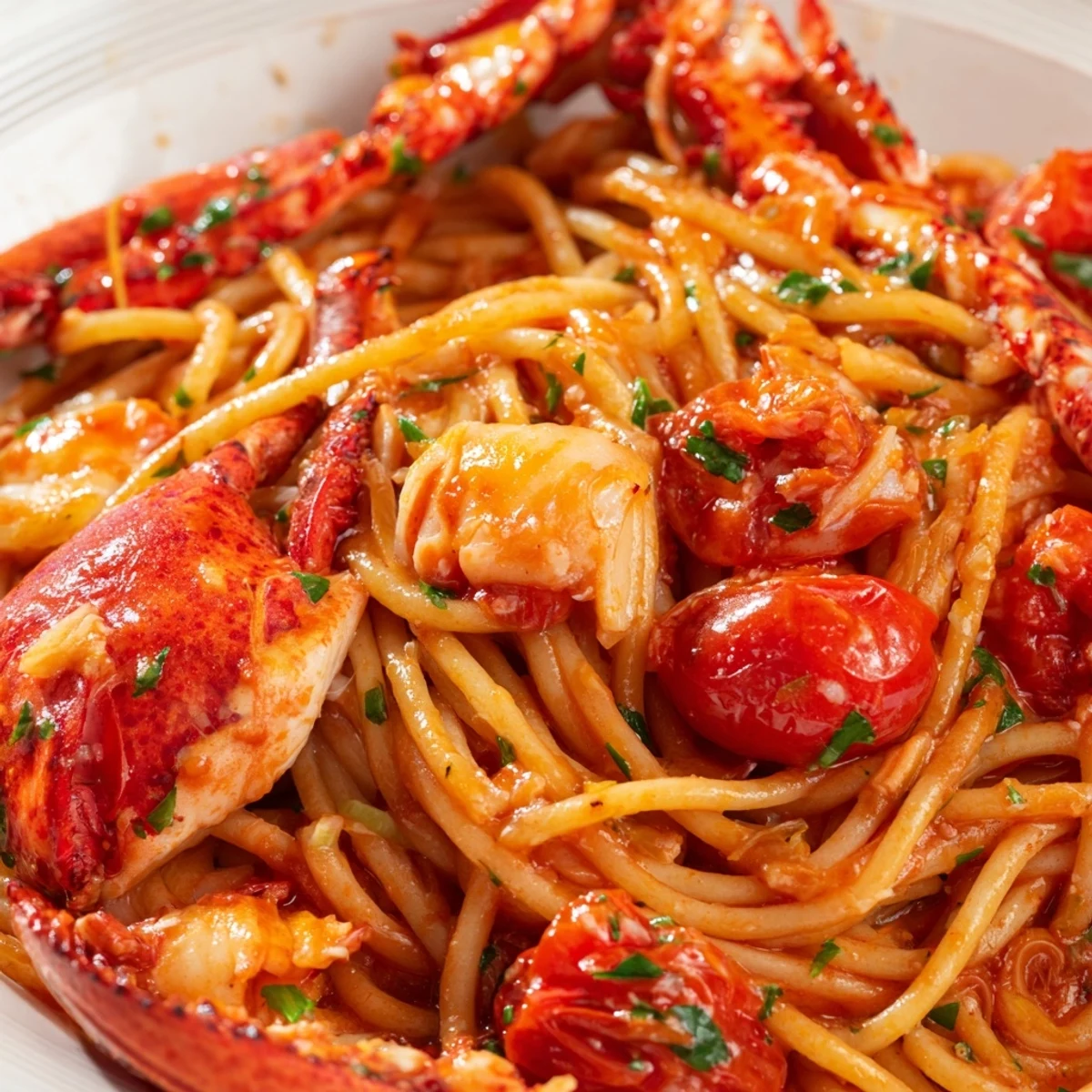 Golden lobster bucatini pasta plated with cherry tomatoes and fresh parsley in garlic white wine sauce