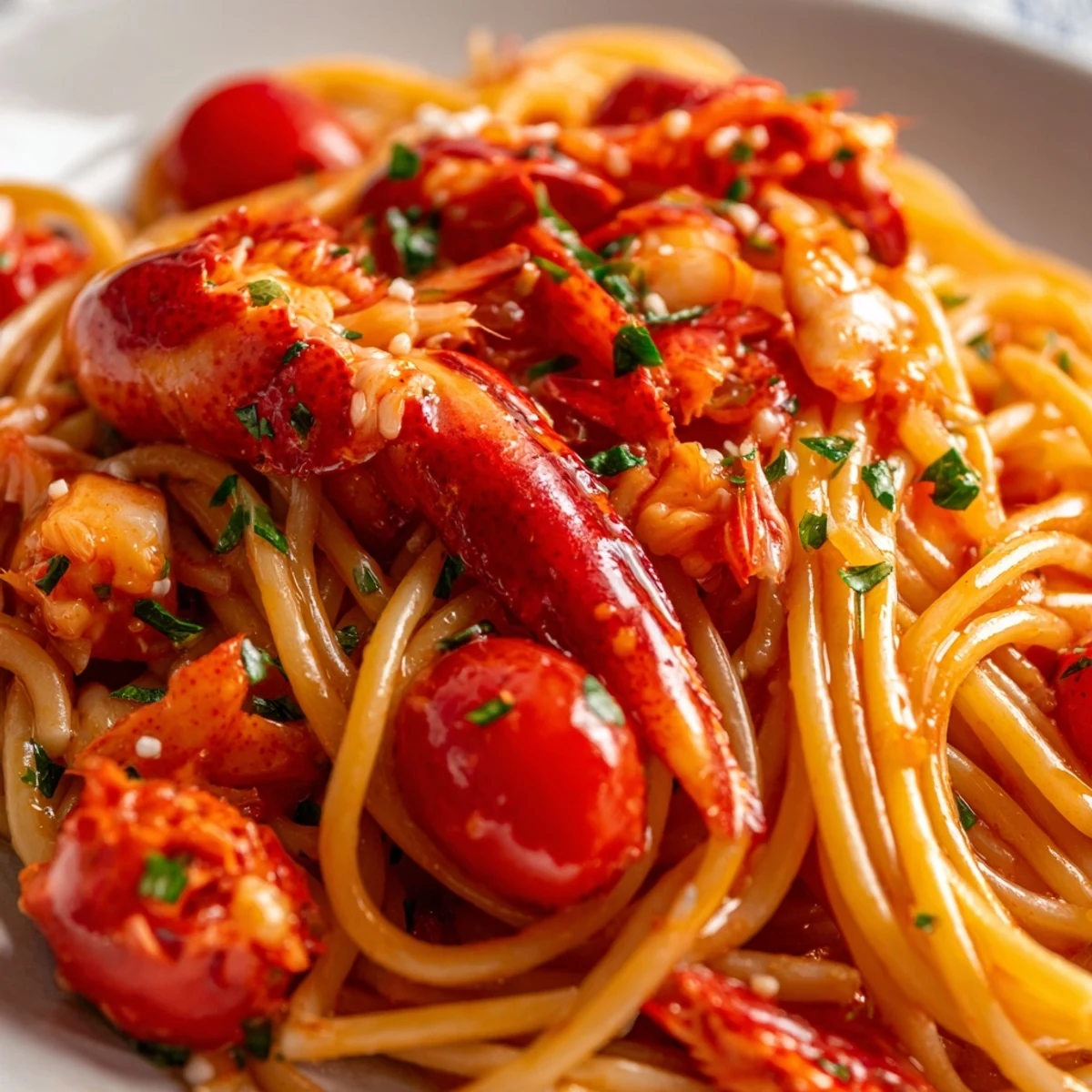 Twirled lobster bucatini pasta dish garnished with lemon zest and chopped parsley on white plate