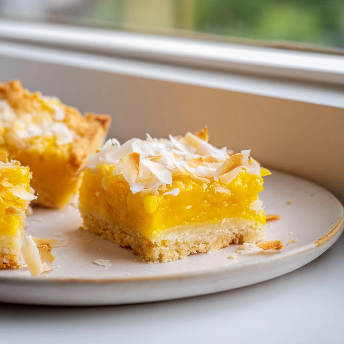 Golden mango coconut bars with shredded coconut topping on a white plate