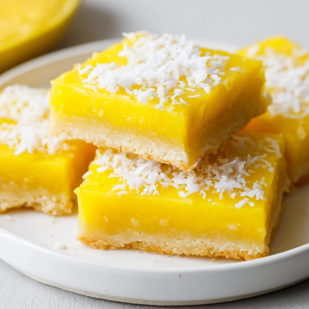 Chewy tropical mango coconut bars sliced into squares on a rustic wooden board