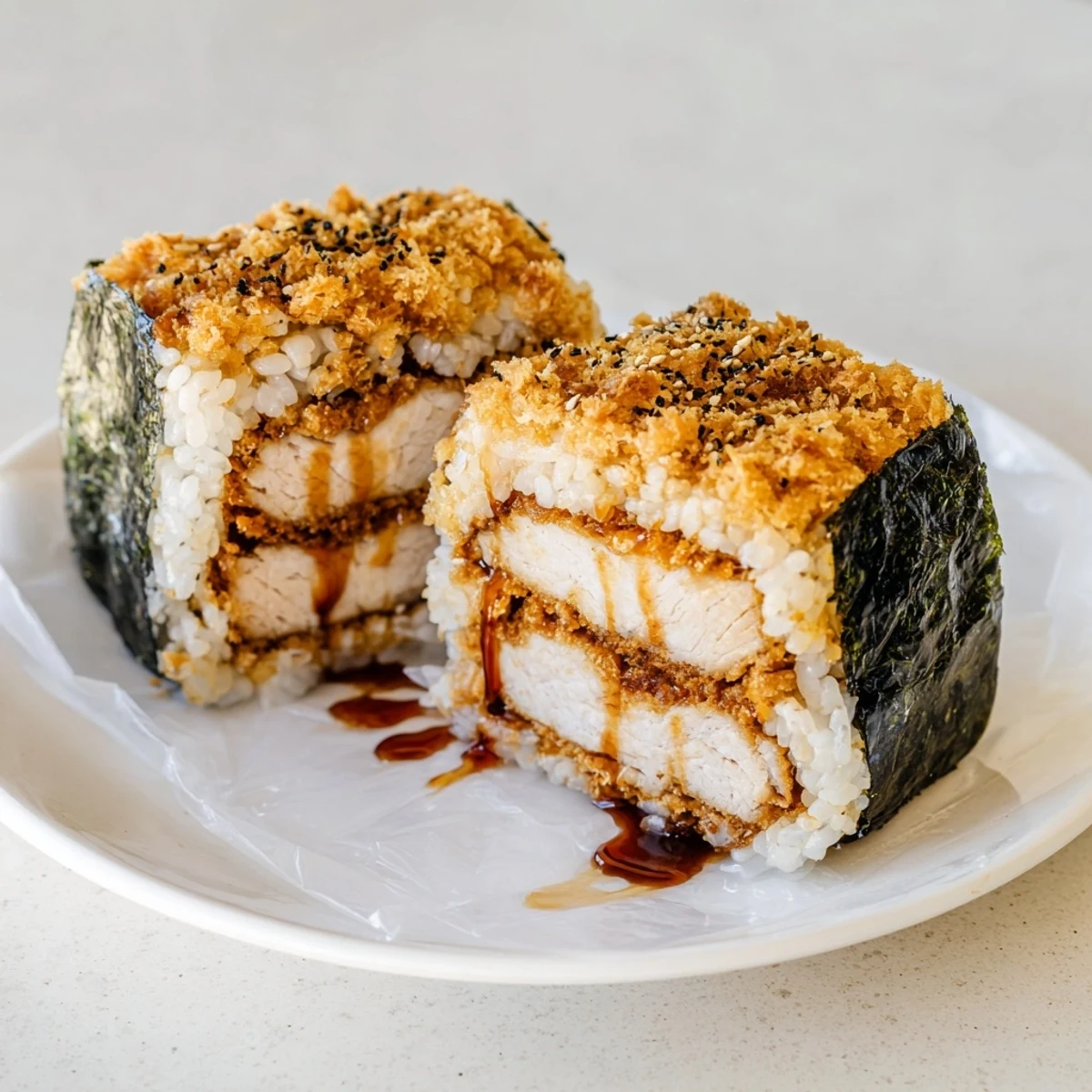 Golden brown chicken katsu musubi wrapped in nori with seasoned white rice