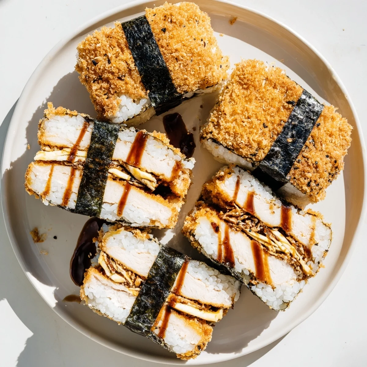 Handheld chicken katsu musubi featuring panko-crusted chicken layered between fluffy rice