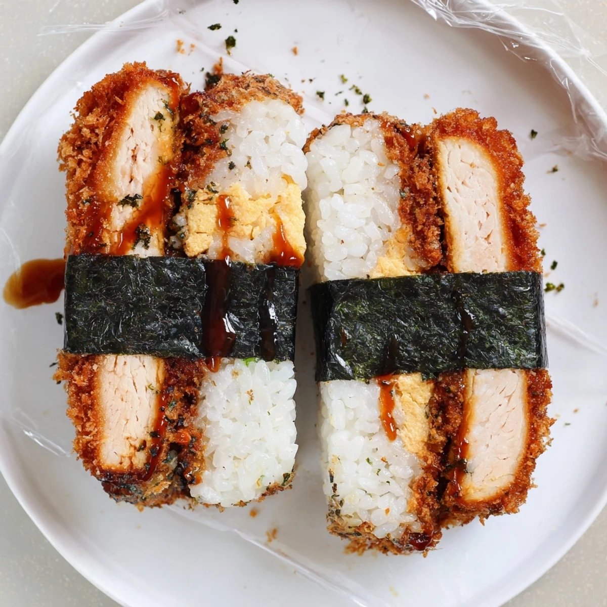 Crispy fried chicken katsu musubi blocks drizzled with savory tonkatsu sauce