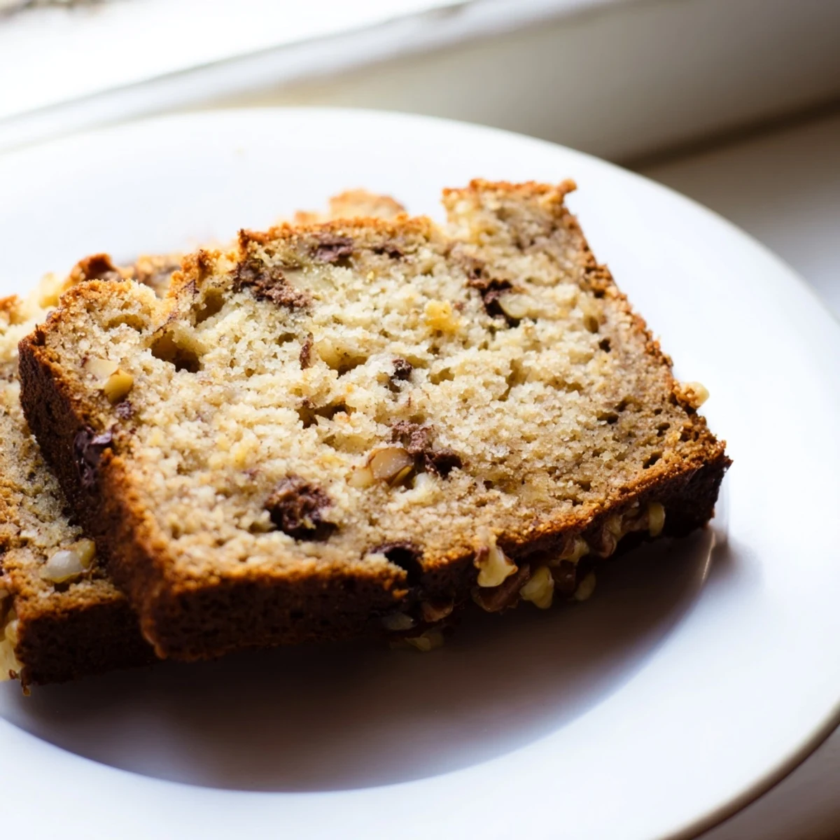 Golden brown moist banana bread loaf with a tender crumb, sliced on a wooden cutting board