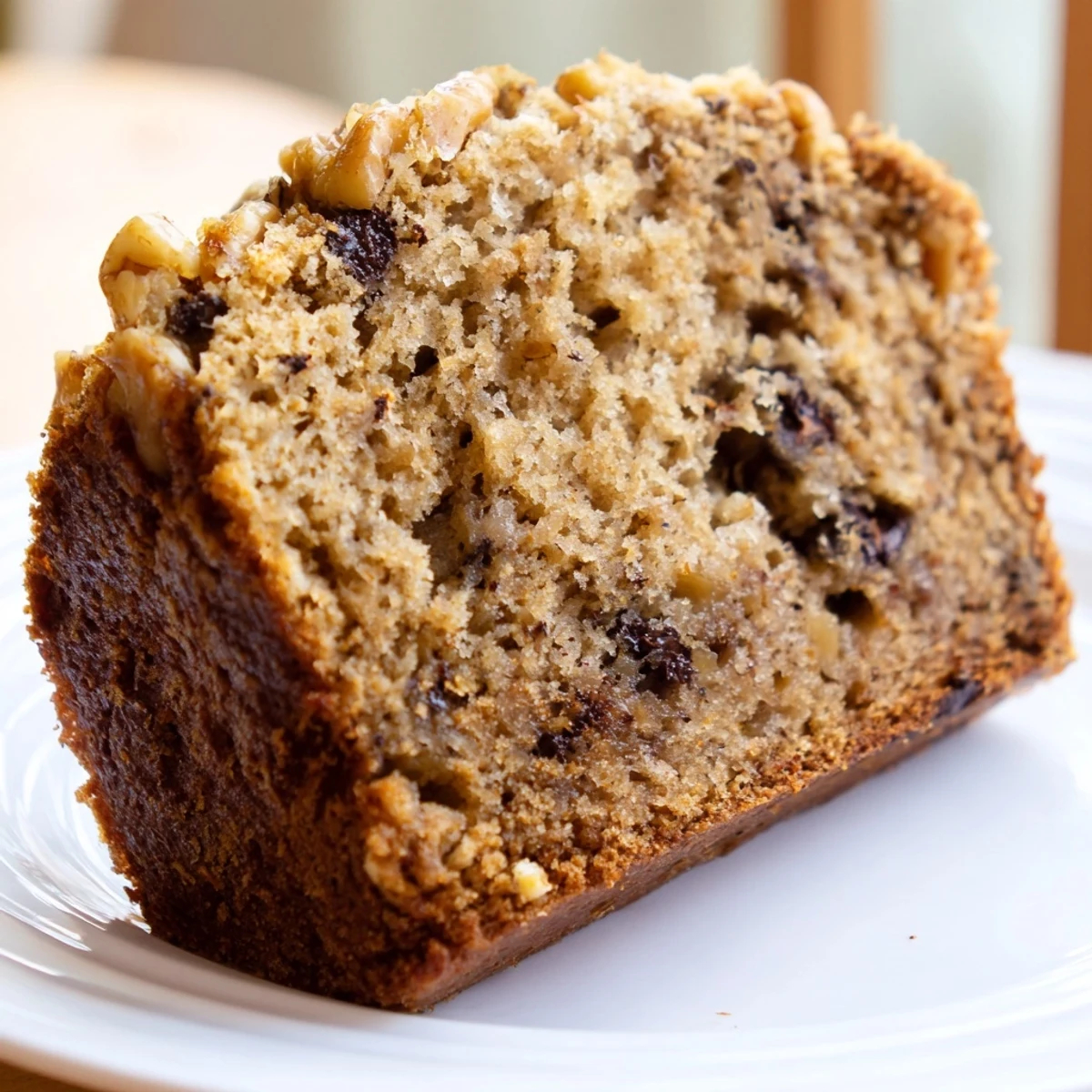 Slice of moist banana bread topped with melting butter and chopped walnuts on a white plate