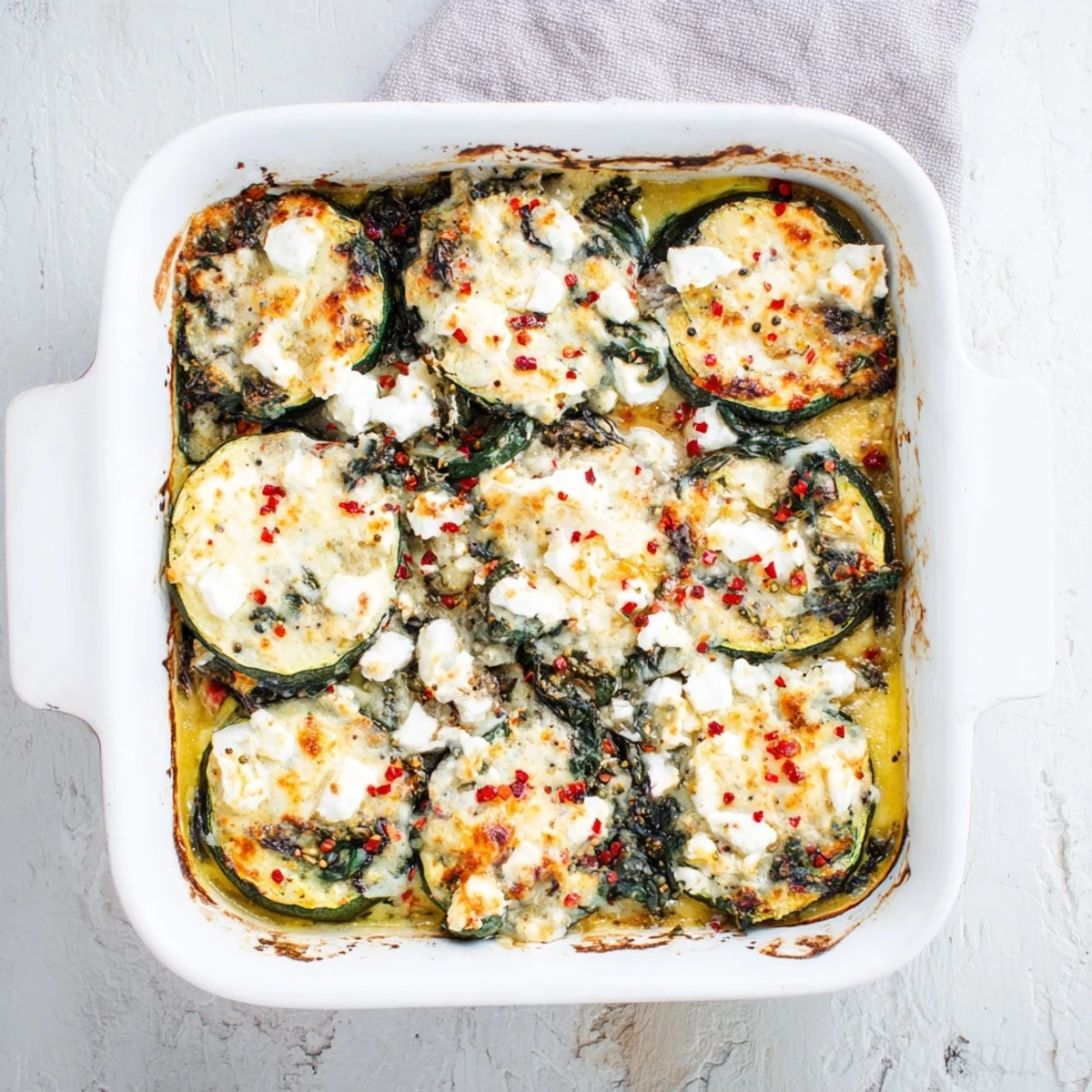 Mediterranean zucchini spinach feta casserole fresh from the oven with a golden melted cheese crust