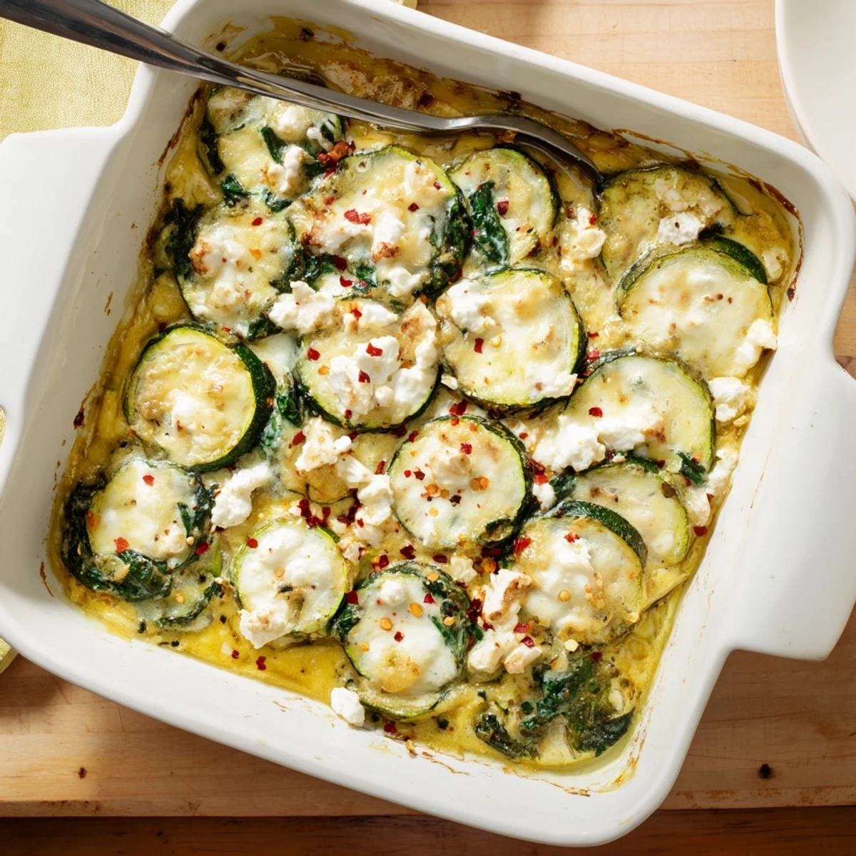 Savory layered zucchini spinach feta casserole bubbling hot with melted mozzarella and crumbled feta topping