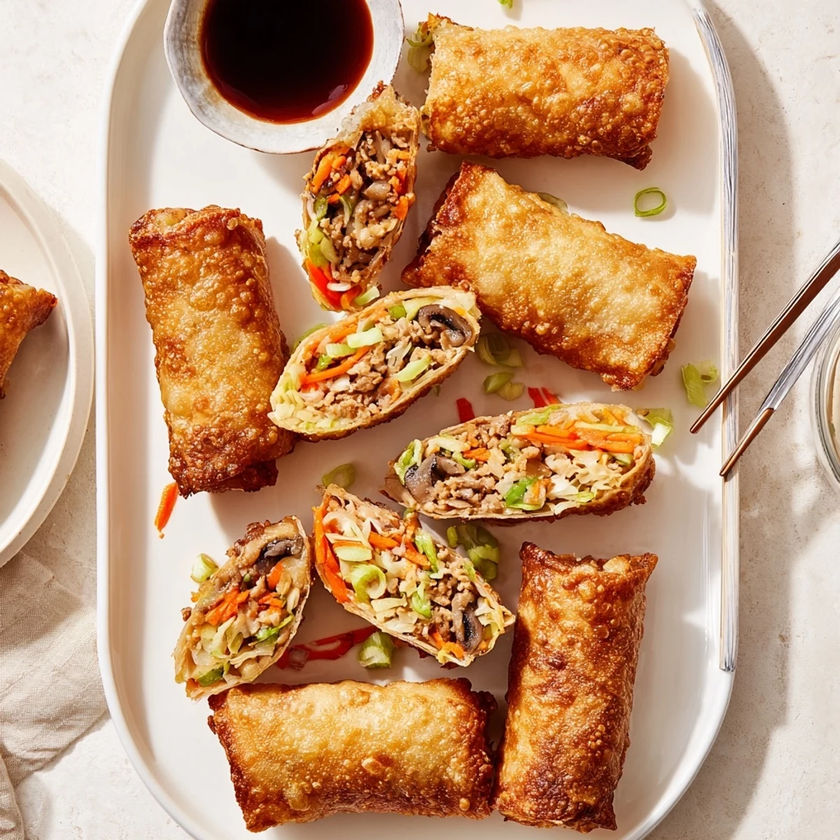 Golden crispy rice paper spring rolls filled with savory vegetables and ground chicken ready for dipping