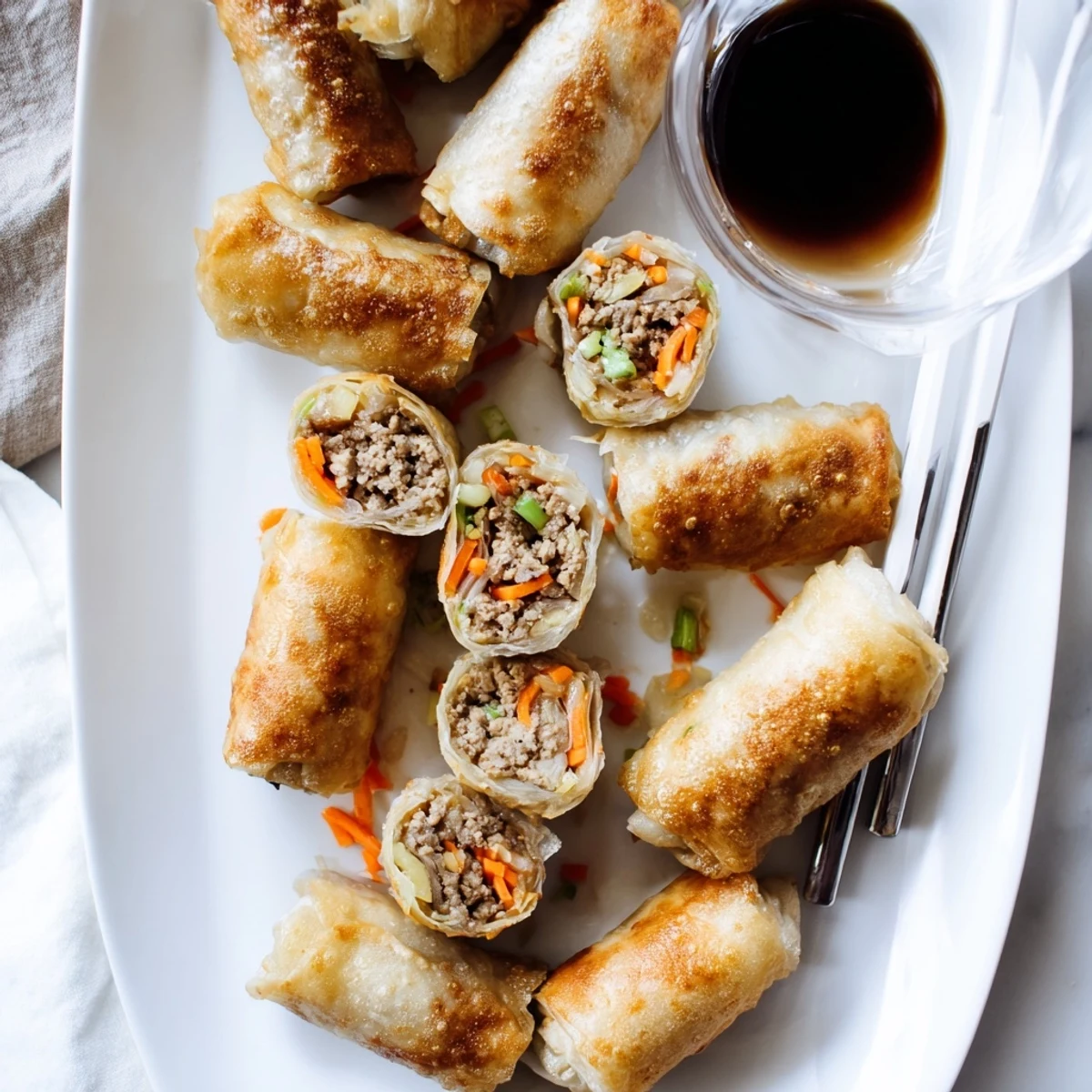 Close-up of baked rice paper spring rolls showcasing golden texture and colorful vegetable filling through translucent wrapper