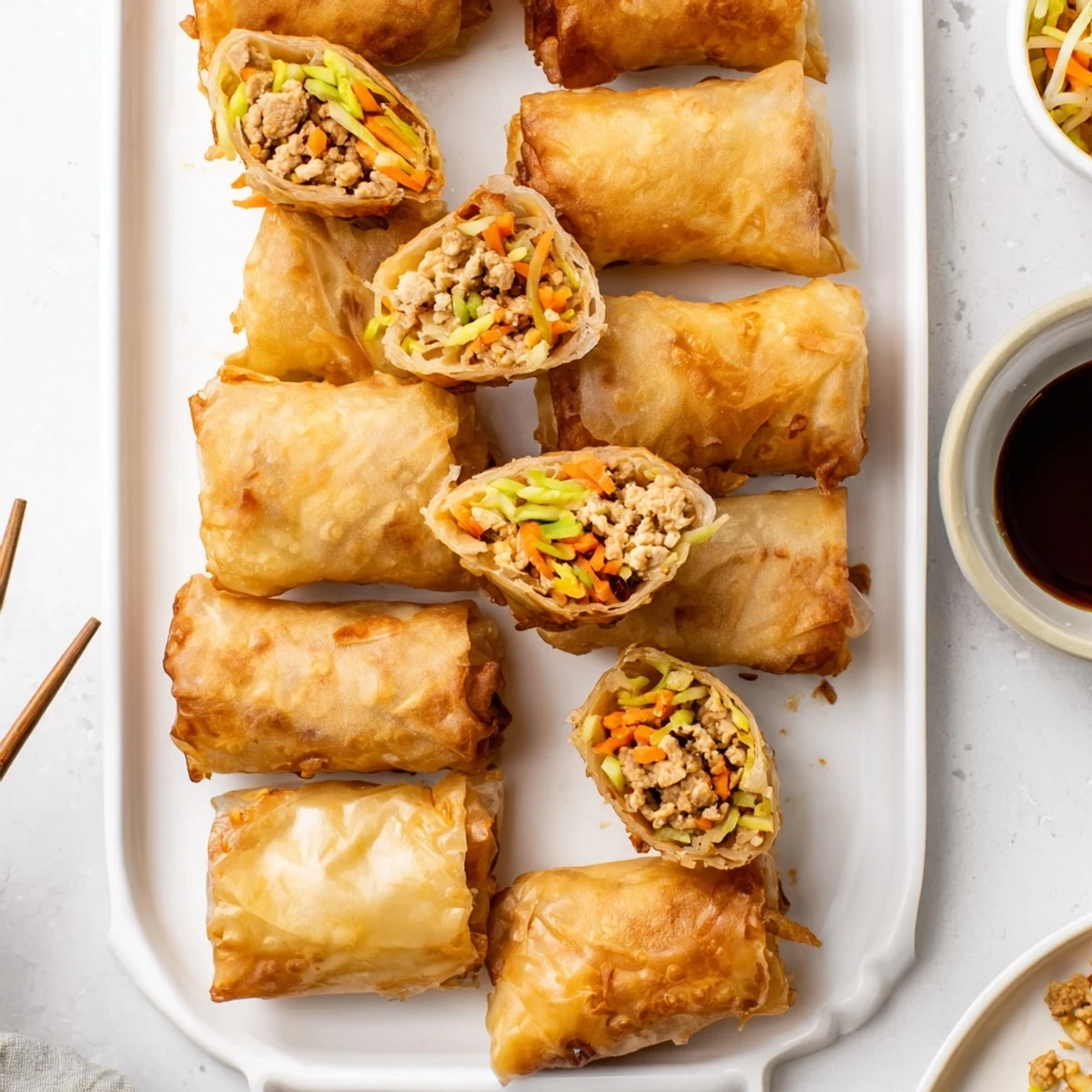 Homemade crispy rice paper spring rolls arranged on a serving plate with tangy soy dipping sauce