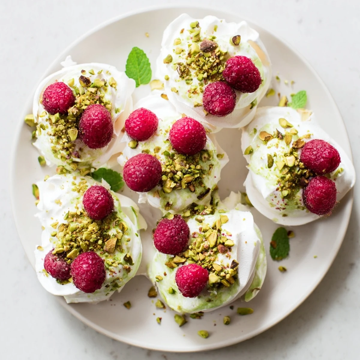 Crisp meringue cookies with ground pistachios, cream filling, and juicy raspberry garnish on white plate