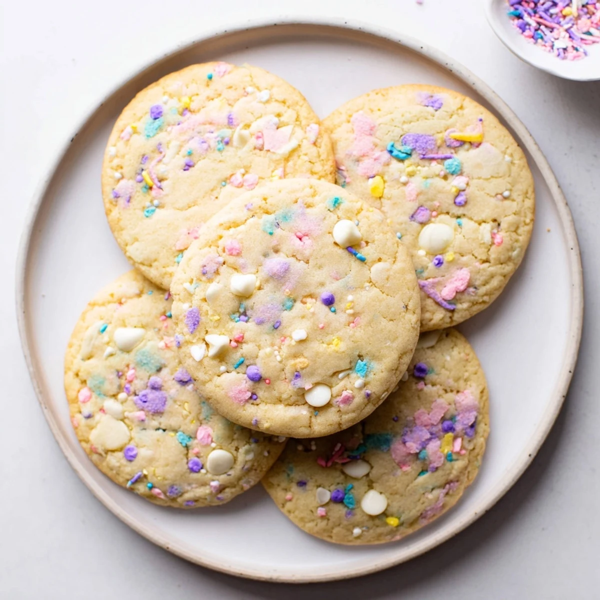 Soft Easter Funfetti cookies studded with pastel sprinkles and white chocolate chips on a cooling rack