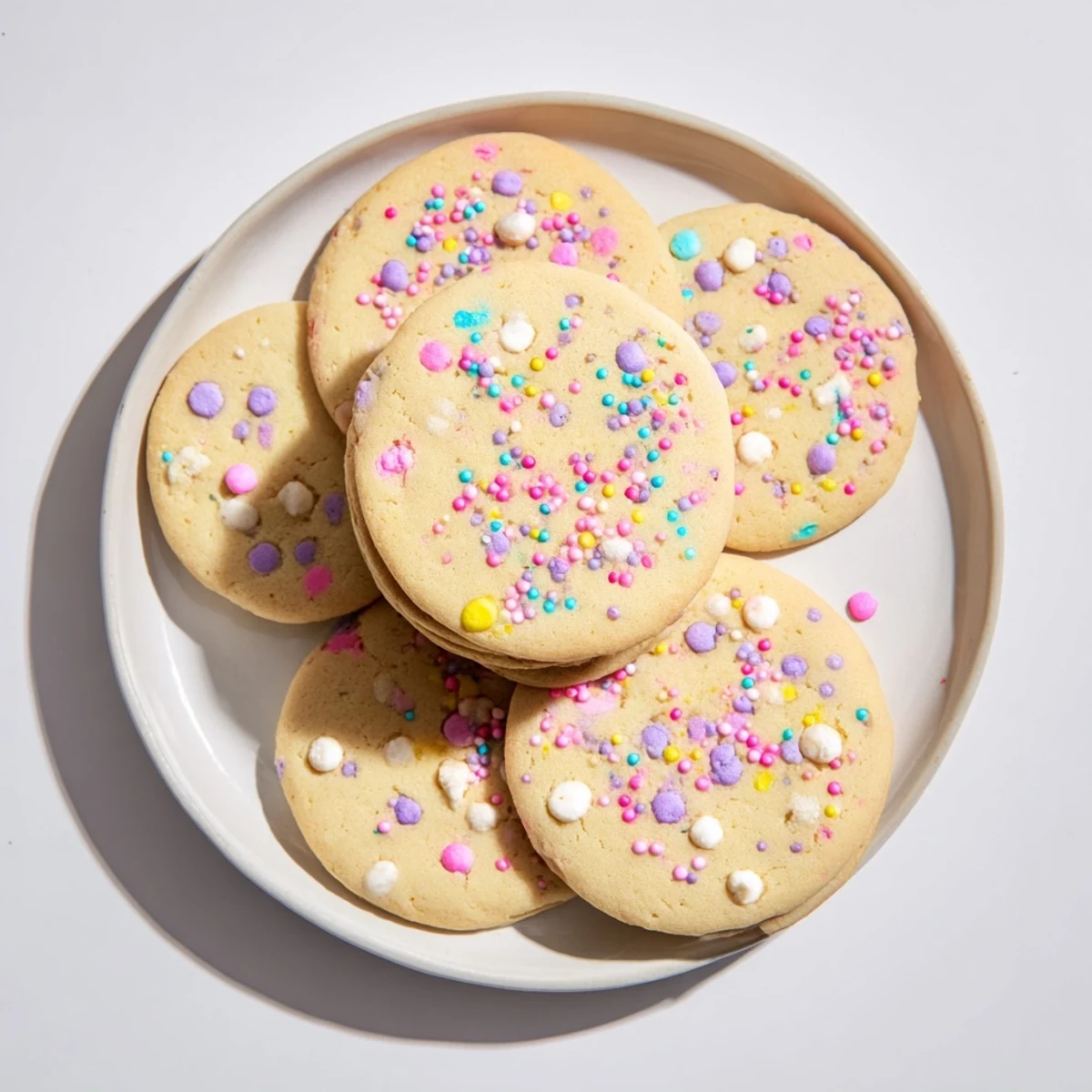 Golden Easter Funfetti cookies with colorful jimmies baked to buttery perfection on parchment paper