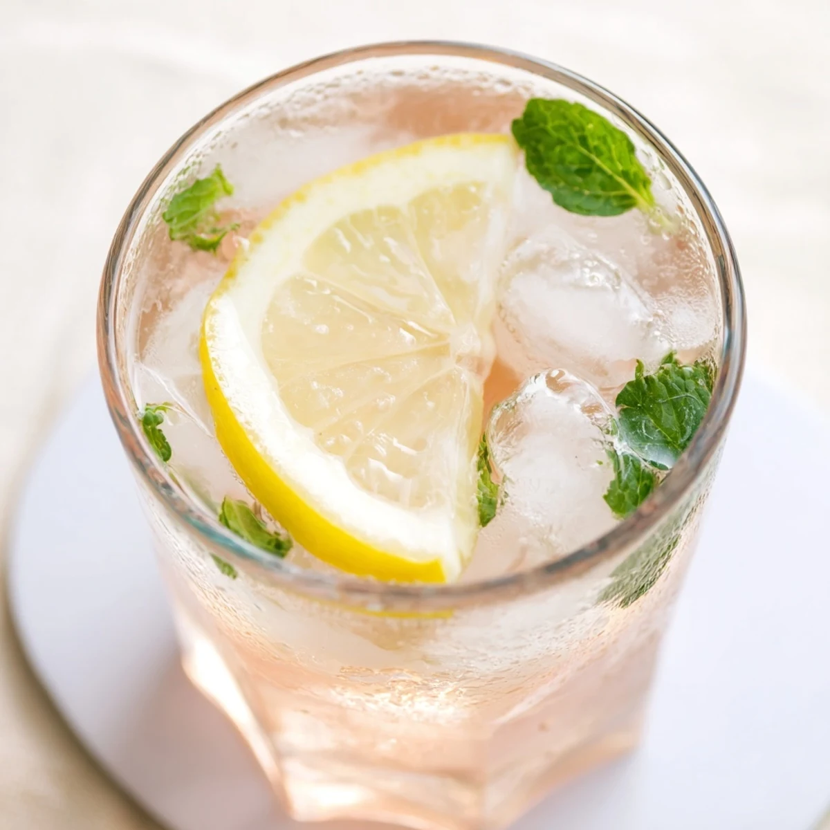 Tall glass of pink guava white tea lemonade garnished with fresh lemon slices and mint leaves on ice