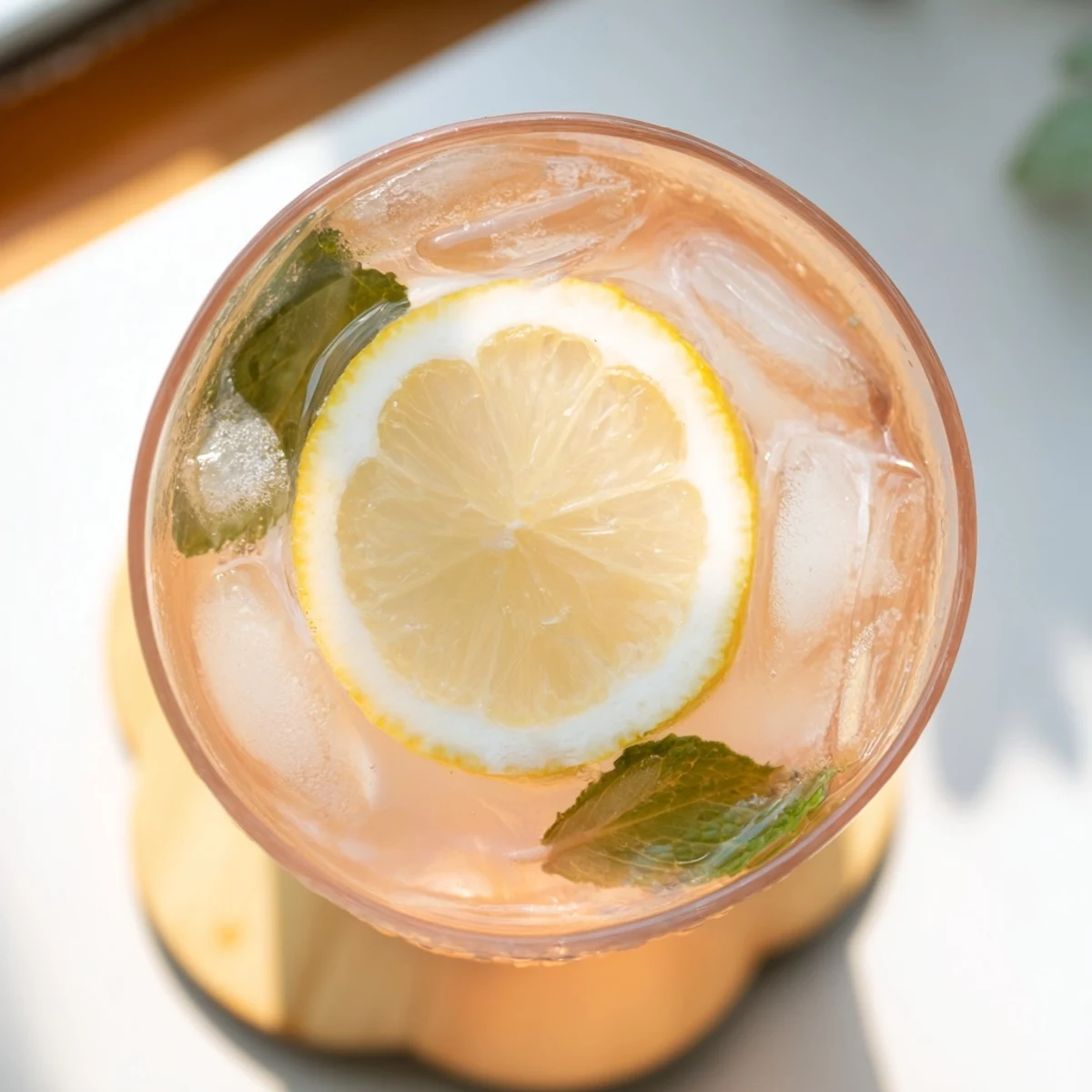 Refreshing guava white tea lemonade pitcher poured over ice with lemon wheel garnish on a wooden table