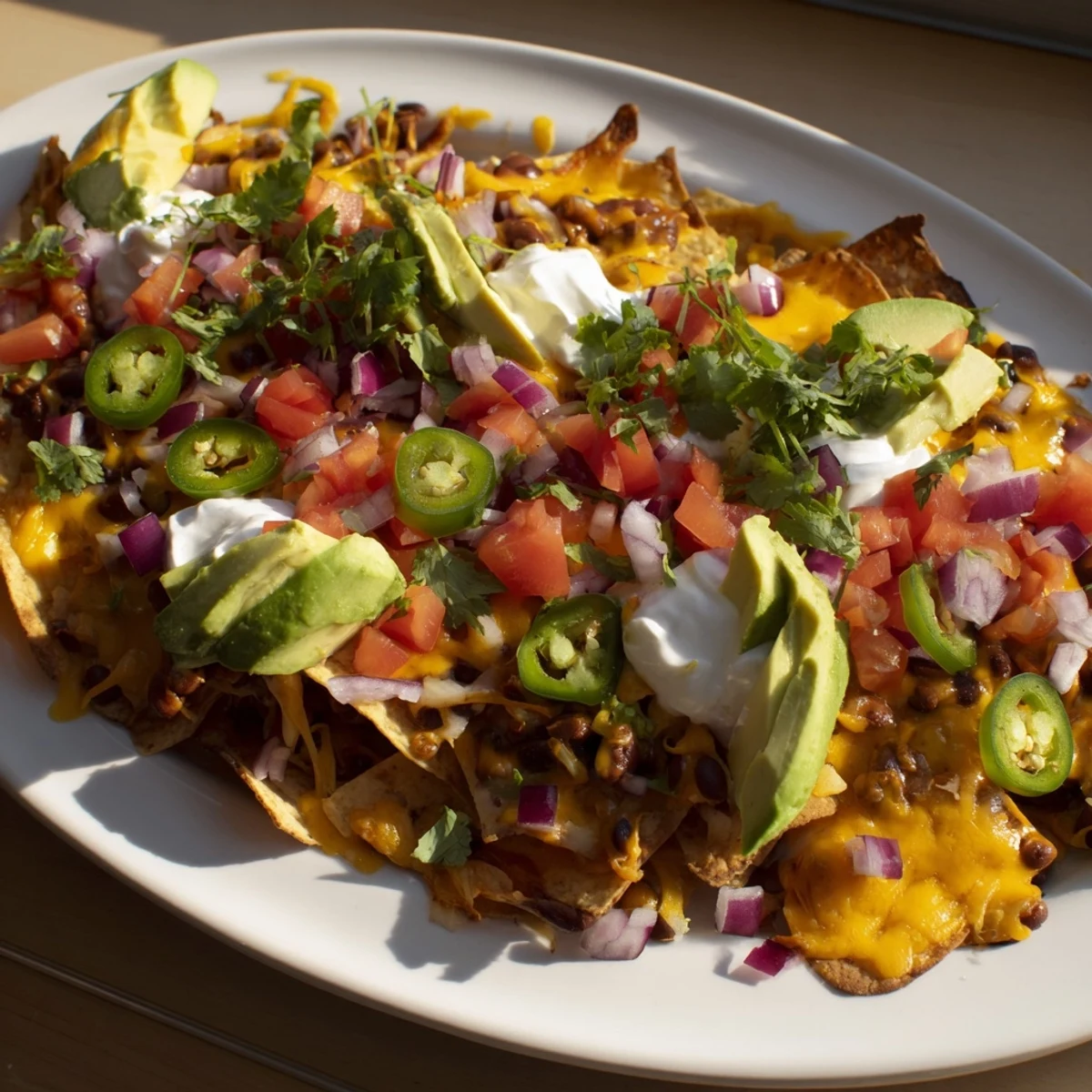 Crispy tortilla chips layered with baked beans and bubbling cheese for a party appetizer