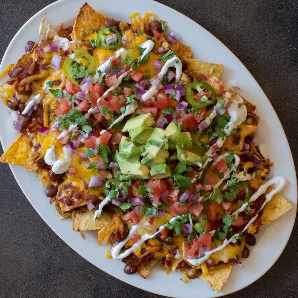 Golden baked bean nachos topped with melted cheddar cheese and fresh colorful vegetables