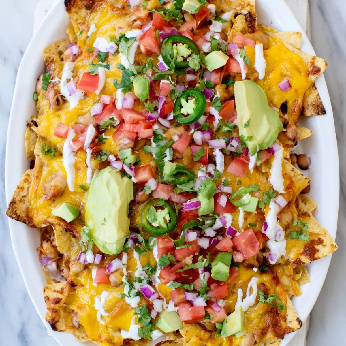 Hearty baked bean nachos piled high with tomatoes avocado cilantro and sour cream drizzle